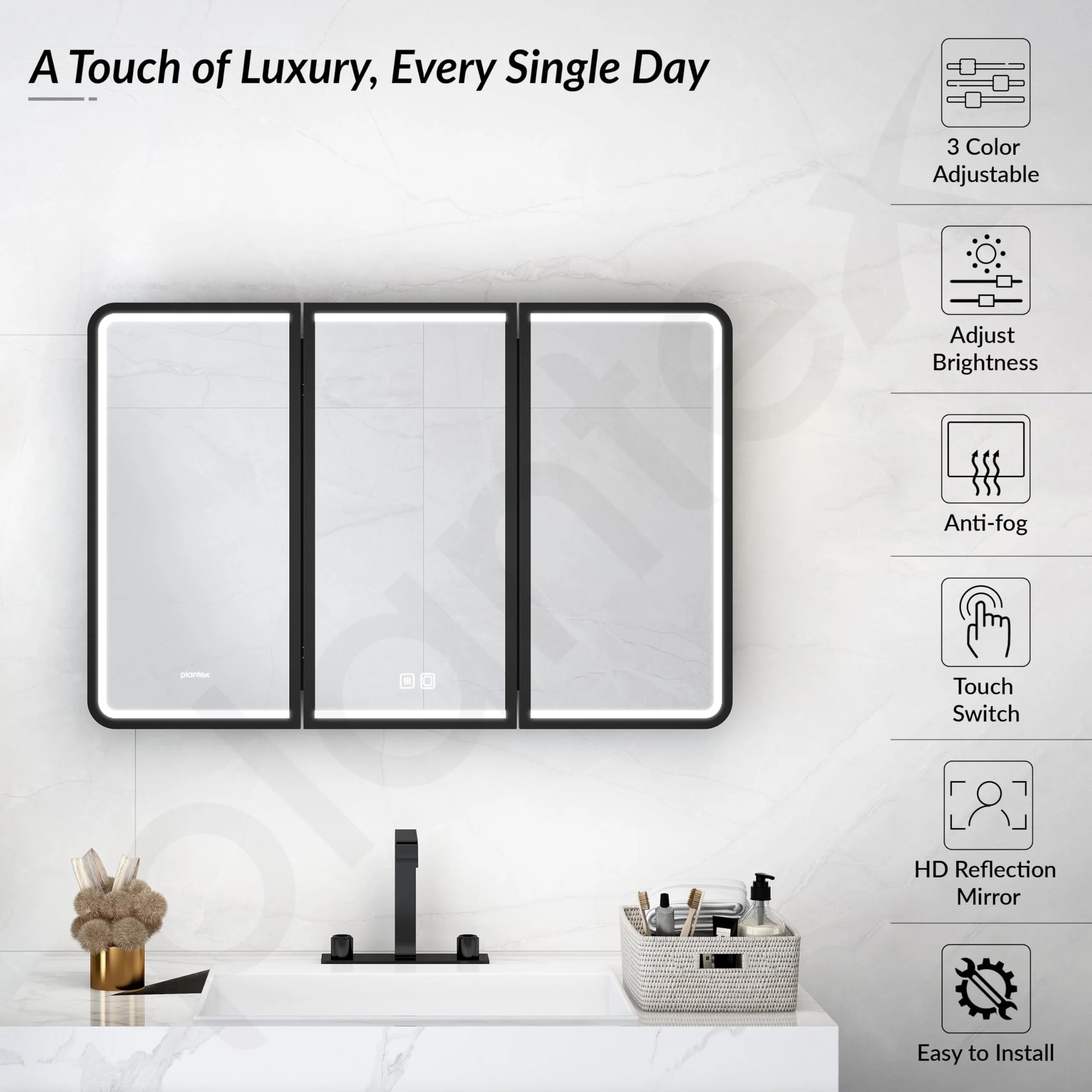 Plantex Steel Led Bathroom Mirror Cabinet/Triple Door Rectangle Mirror with Storage/Bathroom Cupboard (36X24 Inch-Black) - Image 6