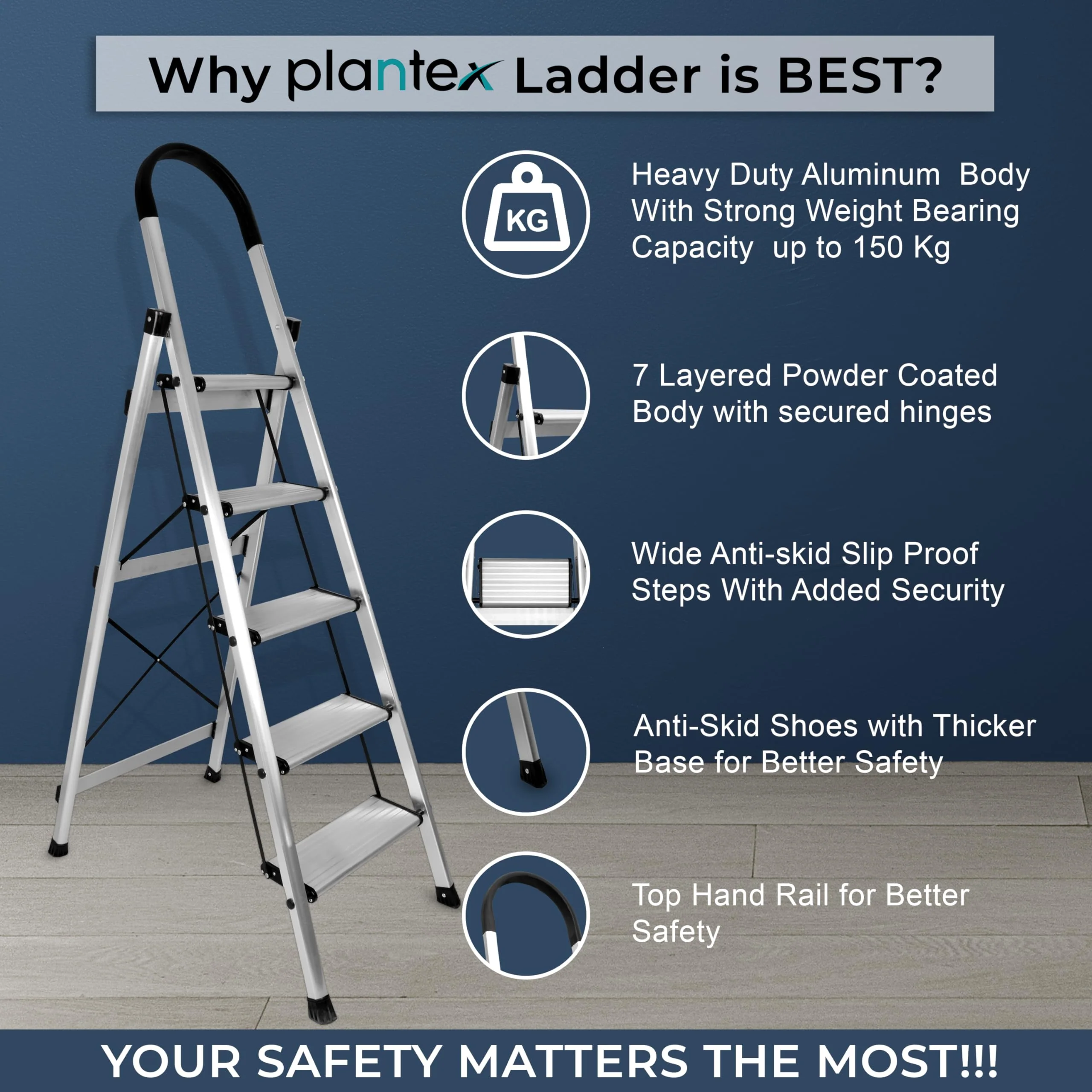 Plantex Surestep 5 Step Aluminum Ladder for Home Use/Wide Anti Skid Step Foldable Ladder with Knee Guard, PVC Shoes and Cross Bars (Anodize-Silver) - Image 5