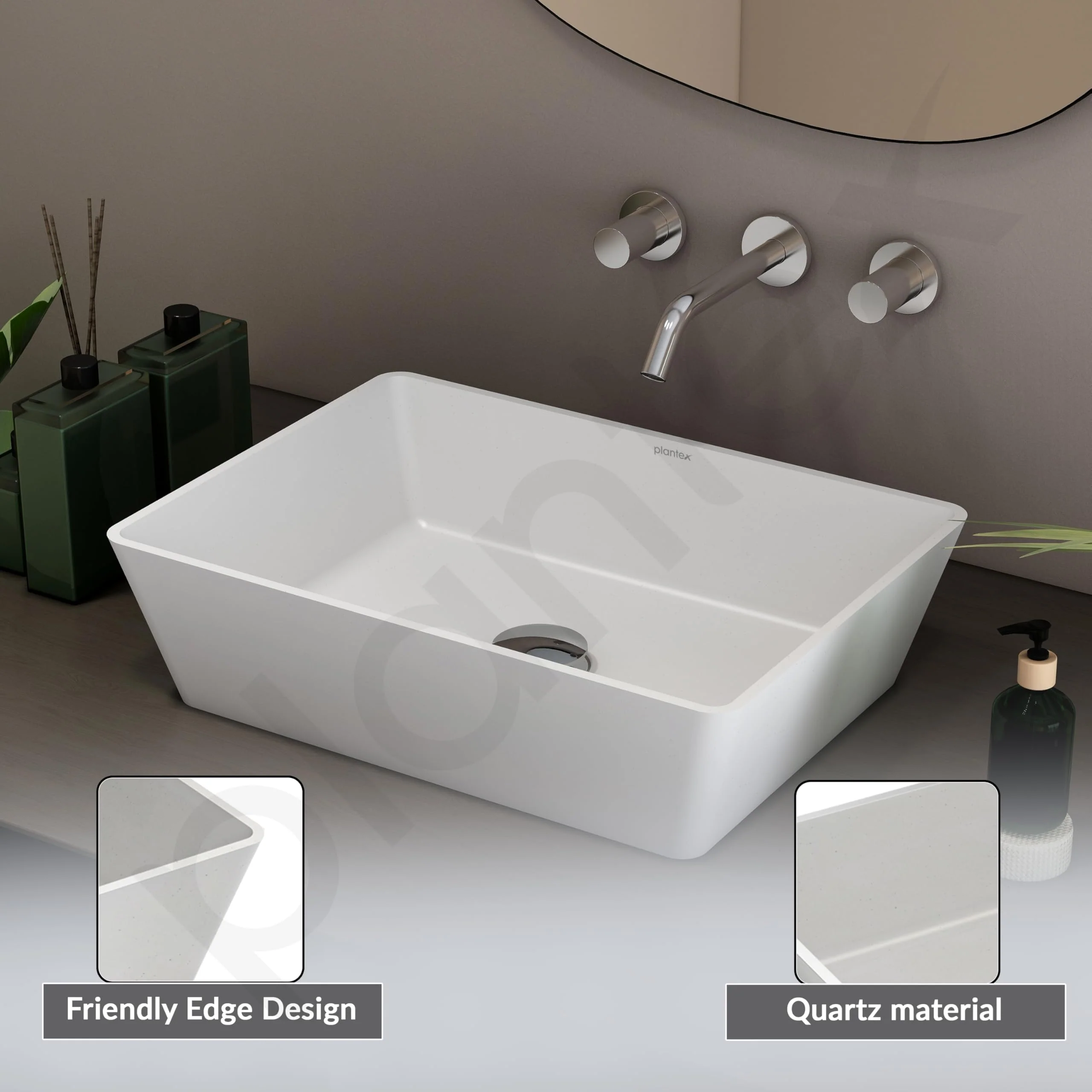 Plantex Table Top Basin for Bathroom/Quartz Rectangle Basin/Vessel Sink Basin Over Counter for Home/Restaurant (White, 18 x 13 x 5 Inch) - Image 5