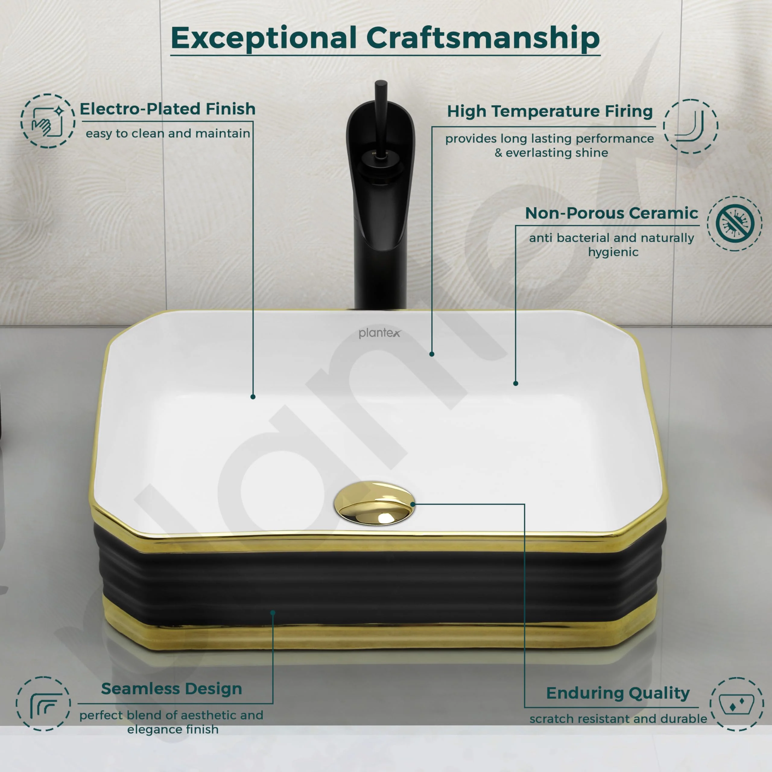 Plantex Table Top Wash Basin For Bathroom/Designer Ceramic Basin/Countertop Vessel Sink Basin - Indo-European Collection (18 x 13 x 5 Inch) - Image 3