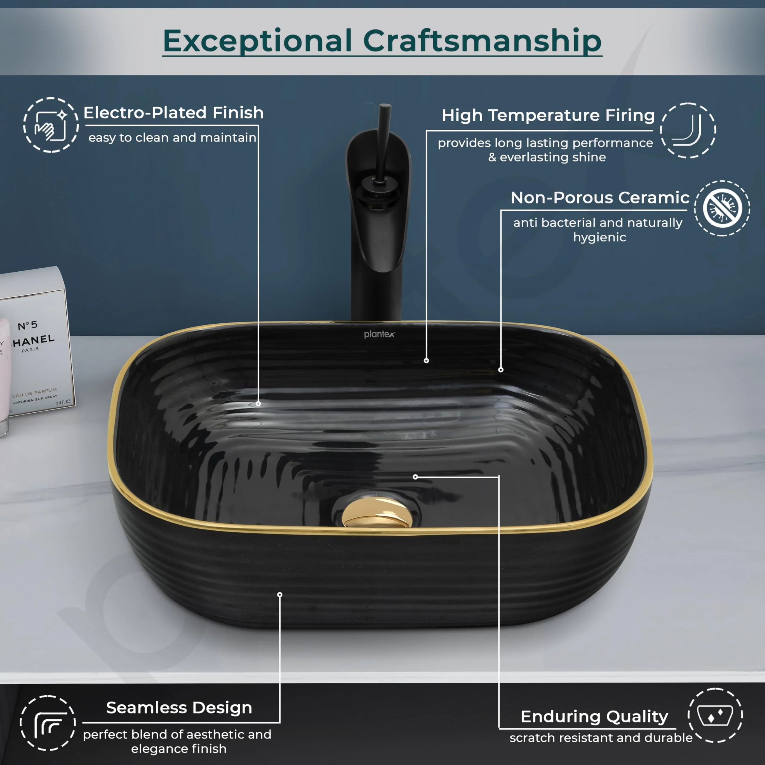 Plantex Table Top Wash Basin For Bathroom/Designer Ceramic Basin/Countertop Vessel Sink Basin - Indo-European Collection (18 x 13 x 5 Inch) - Image 3