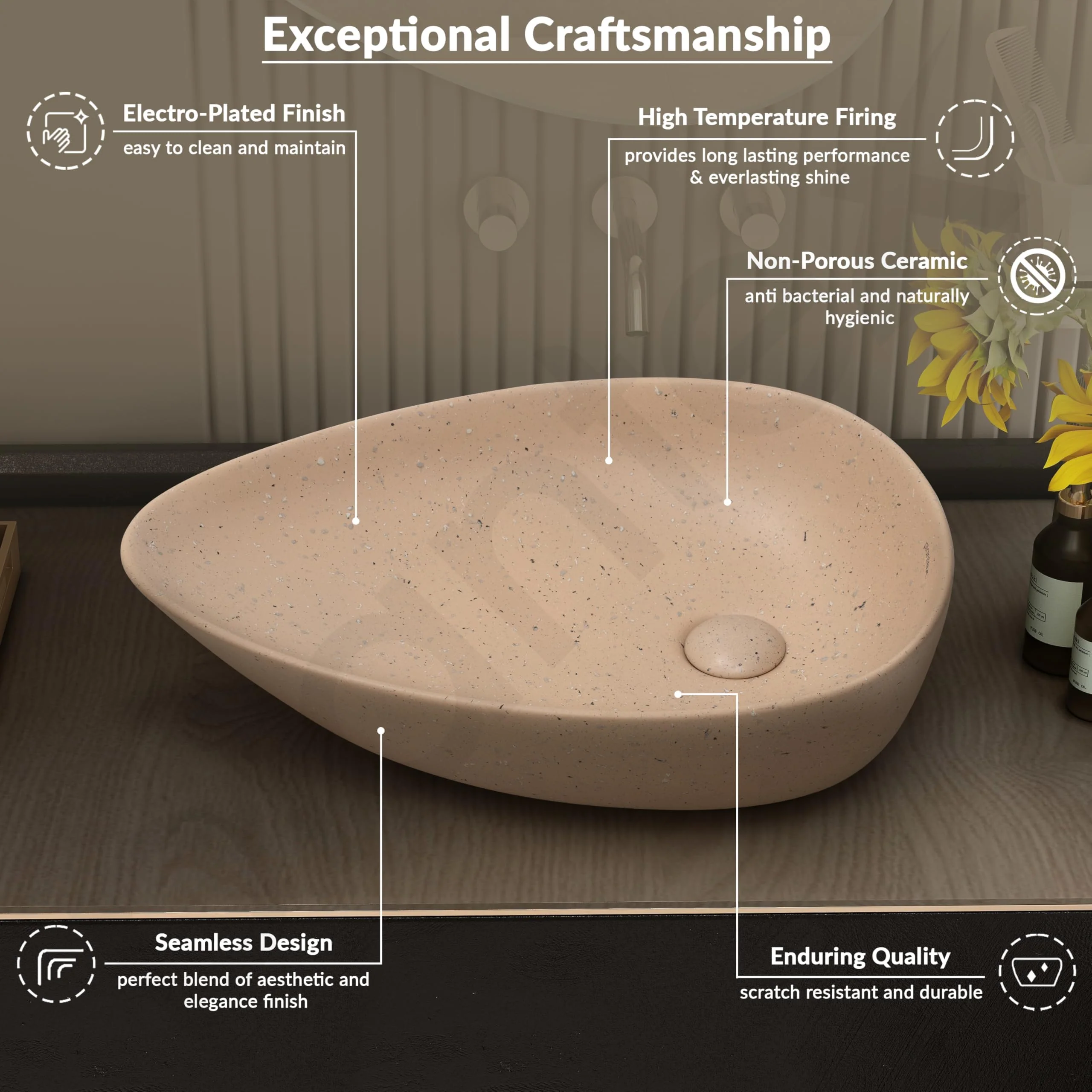 Plantex Table Top Wash Basin for Bathroom/Oval Countertop Vessel Sink Basin for Home/Office/Designer Ceramic Basin (Peach,22 x 15.5 x 5 Inch) - Image 4