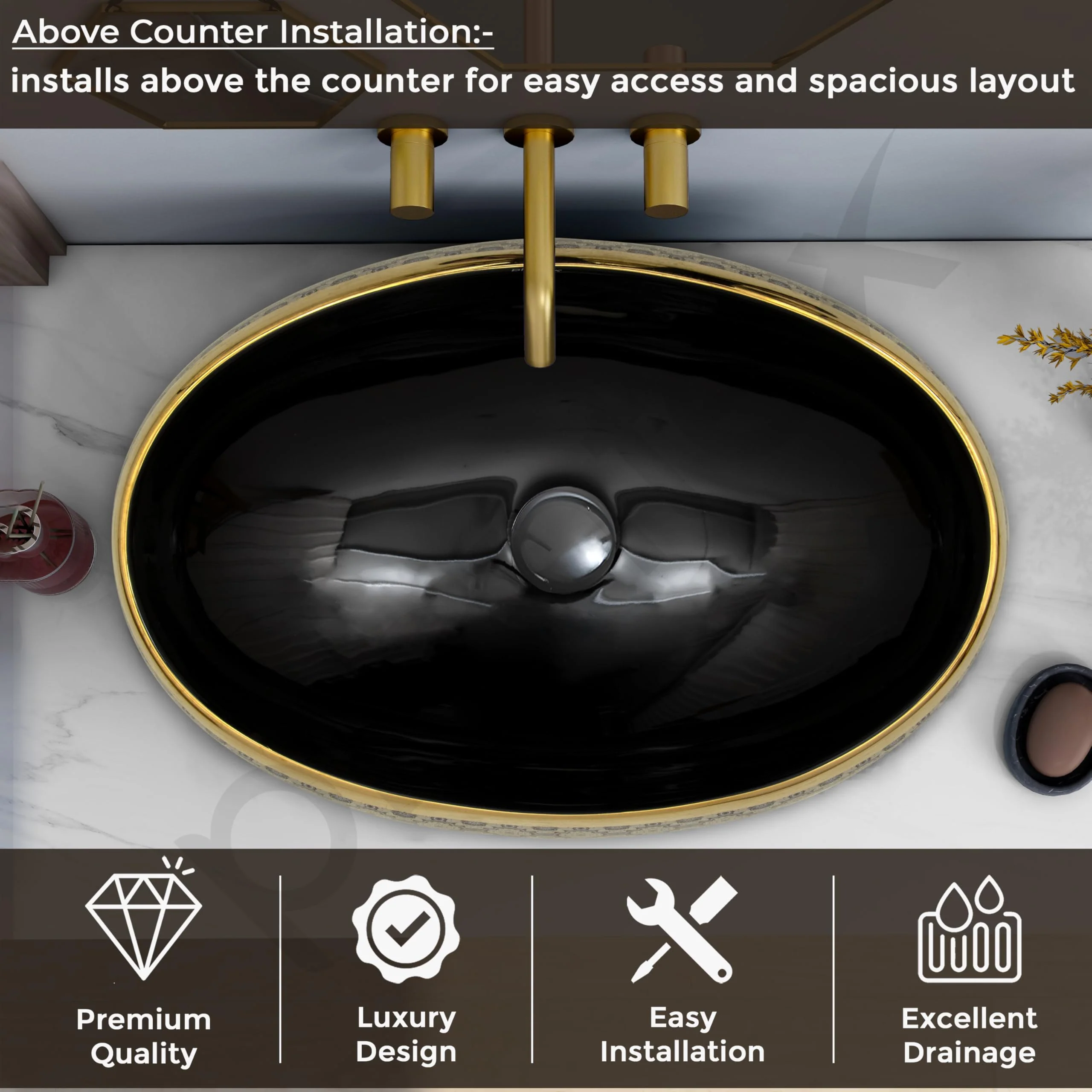 Plantex Tabletop Wash Basin for Bathroom/Designer Ceramic Basin/Countertop Vessel Sink Basin for Home/Hotel - (16019, Black & Gold) - Image 5