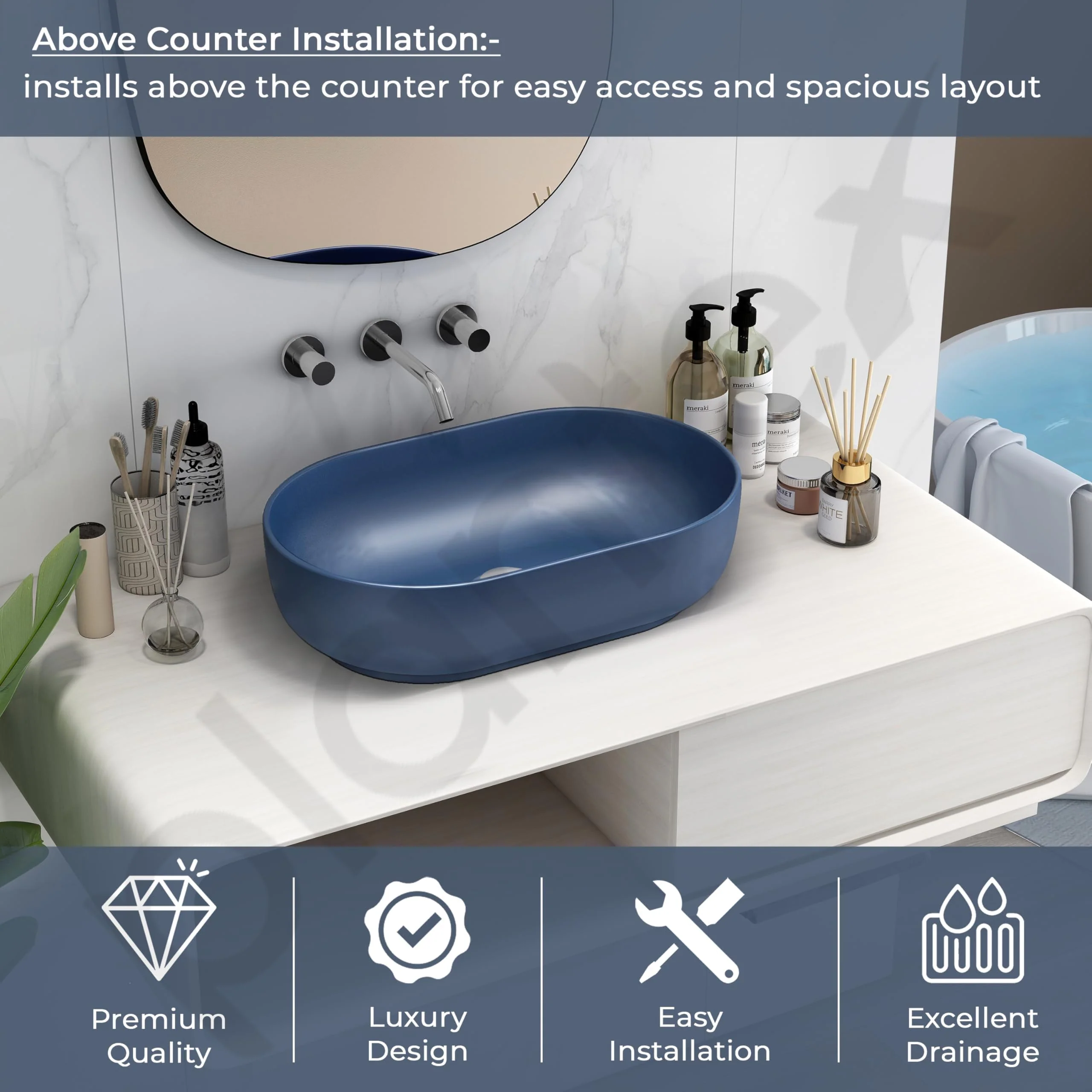 Plantex Tabletop Wash Basin for Bathroom/Designer Ceramic Basin/Countertop Wash Basin/Home/Office (Blue - 22 x 14 x 6 Inch) - Image 2