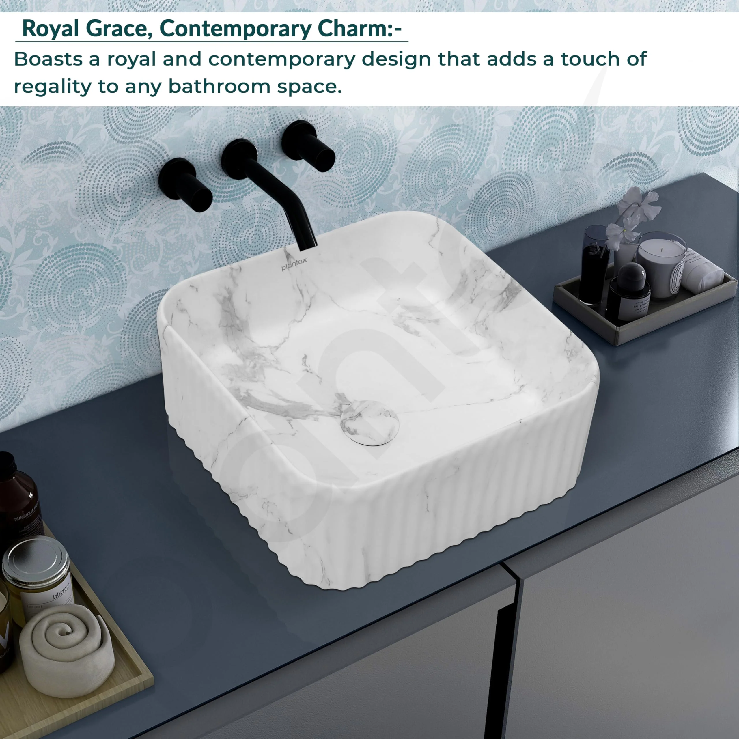 Plantex Tabletop Wash Basin for Bathroom/Designer Ceramic Basin/Countertop Wash Basin/Home/Office (Marble White - 16 x 16 x 6.5 Inch) - Image 2