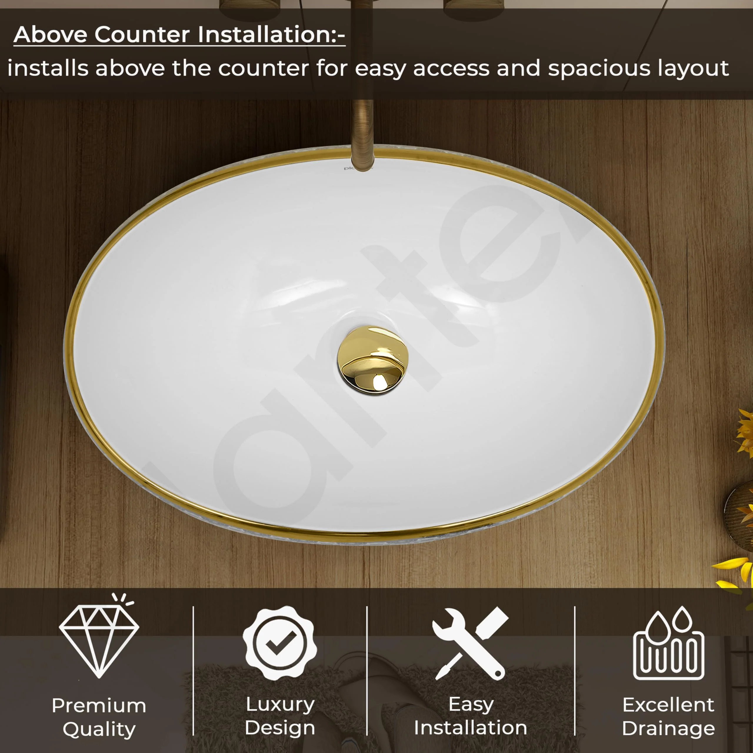 Plantex Tabletop Wash Basin for Bathroom/Designer Ceramic Basin/Oval Vessel Sink Basin for Home/Hotel - (16018, White & Gold) - Image 2