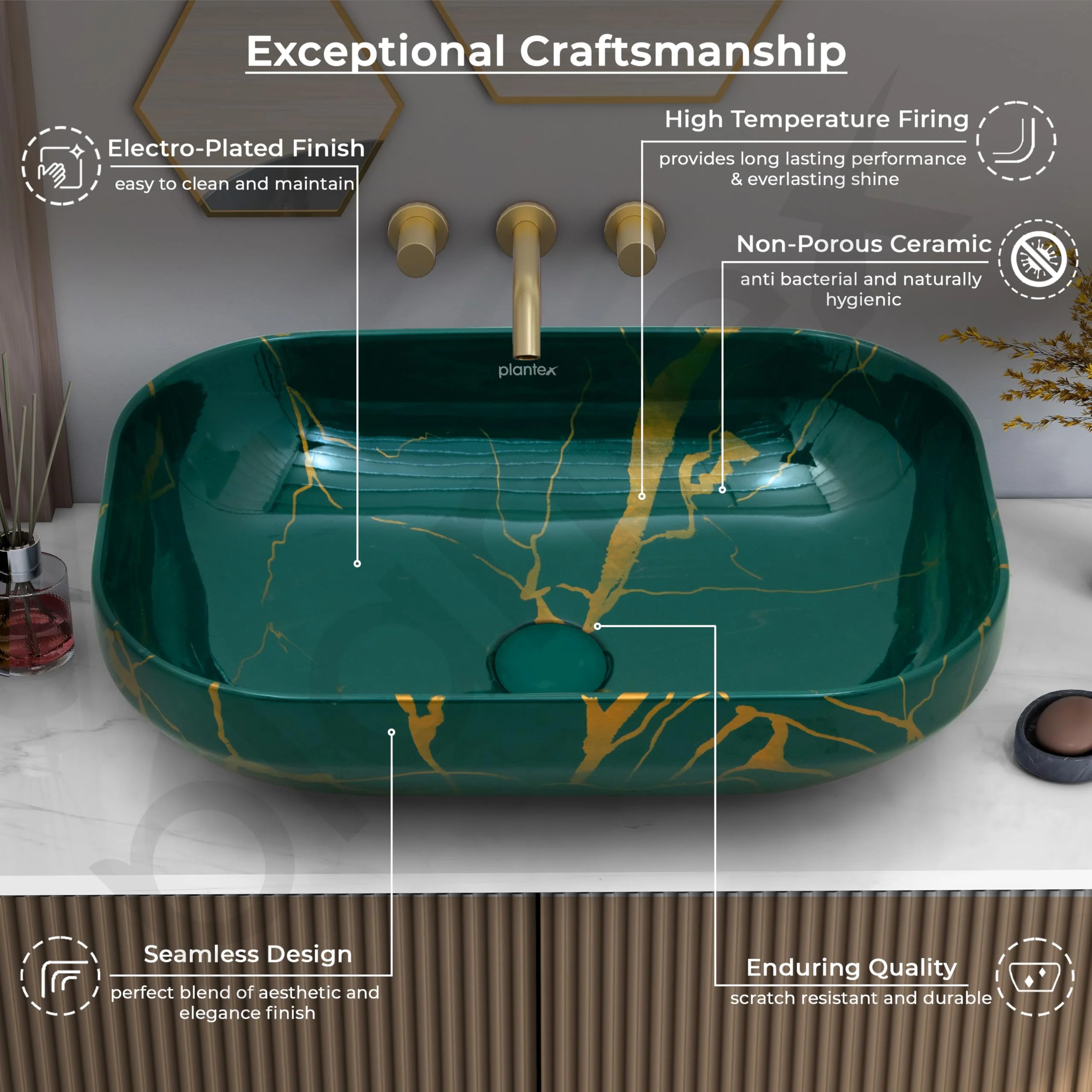 Plantex Tabletop Wash Basin for Bathroom/Designer Countertop Bathroom Sink/Ceramic Rectangle Vessel Sink Basin for Home/Office (20x14x5.5 Inch - Green) - Image 4