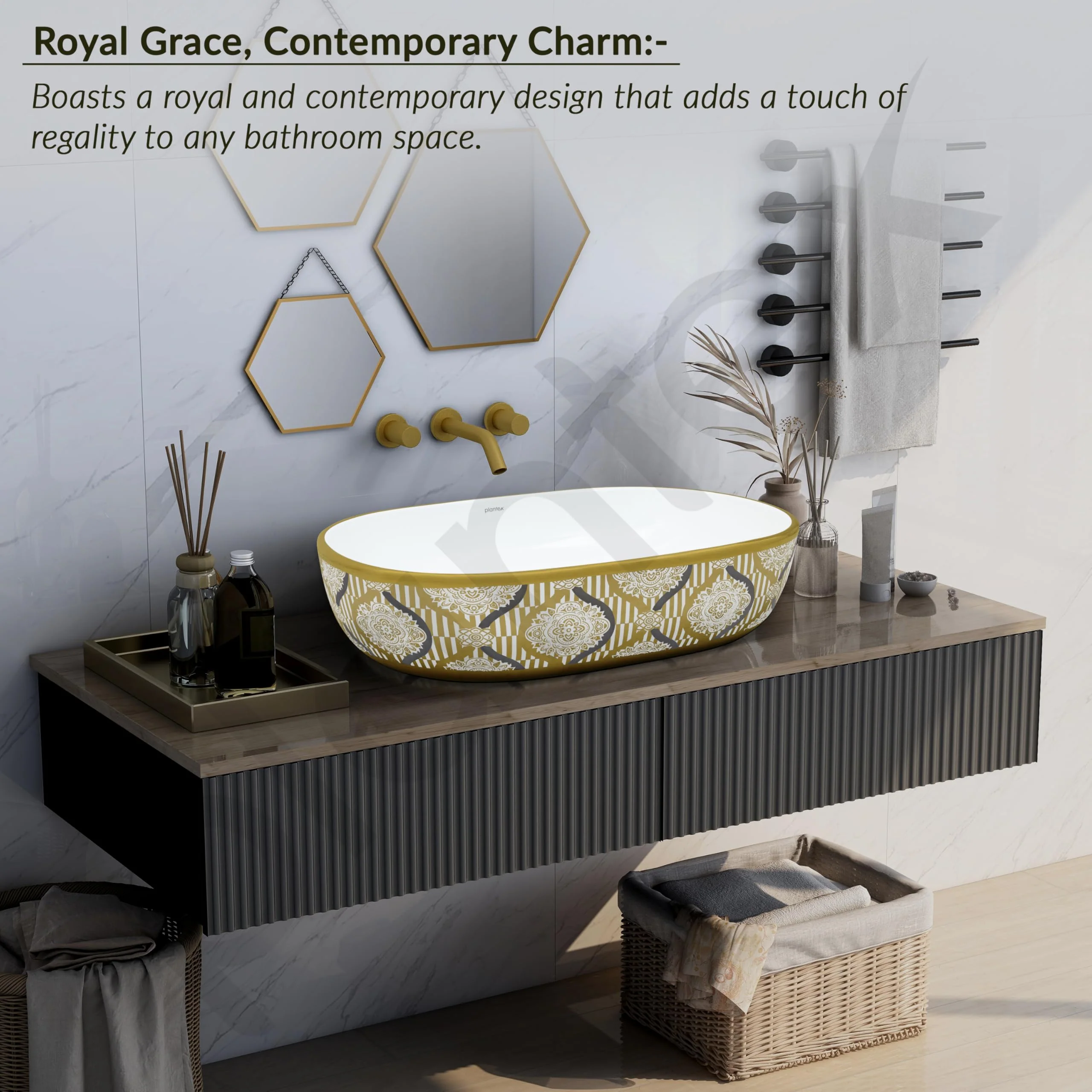 Plantex Tabletop Washbasin for Bathroom/Designer Ceramic Hand Wash Basin/Vessel Sink Basin for Home/Hotel - (23x16x5.5 inch - White & Gold) - Image 2