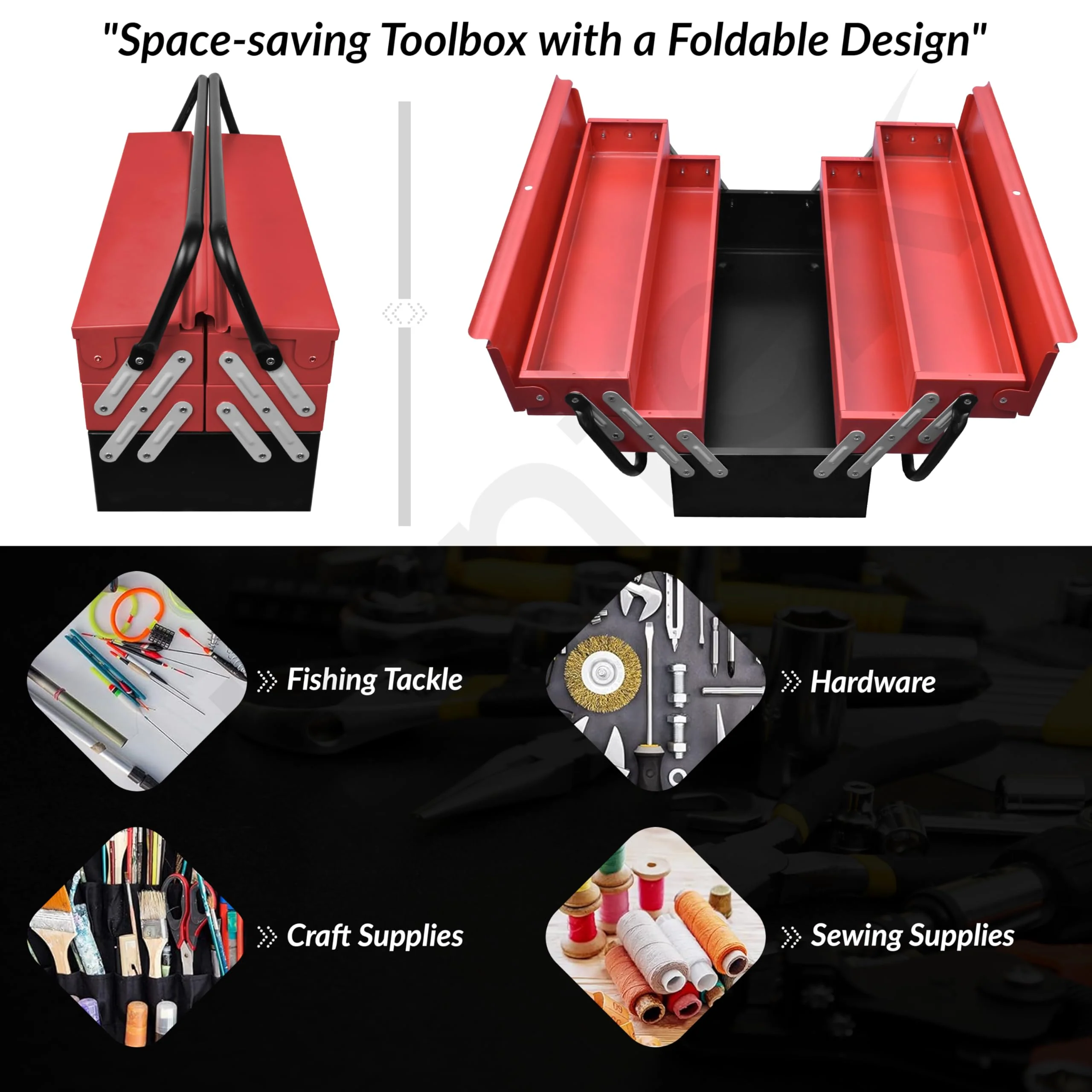 Plantex Tool Box Empty/Sturdy Tools Storage Box With Large Capacity/Empty Tool Box/Tool Organizer for Carpenter, Garage, And Home Essential Tools - 5 Compartments - (Red & Black) - Metal - Image 6