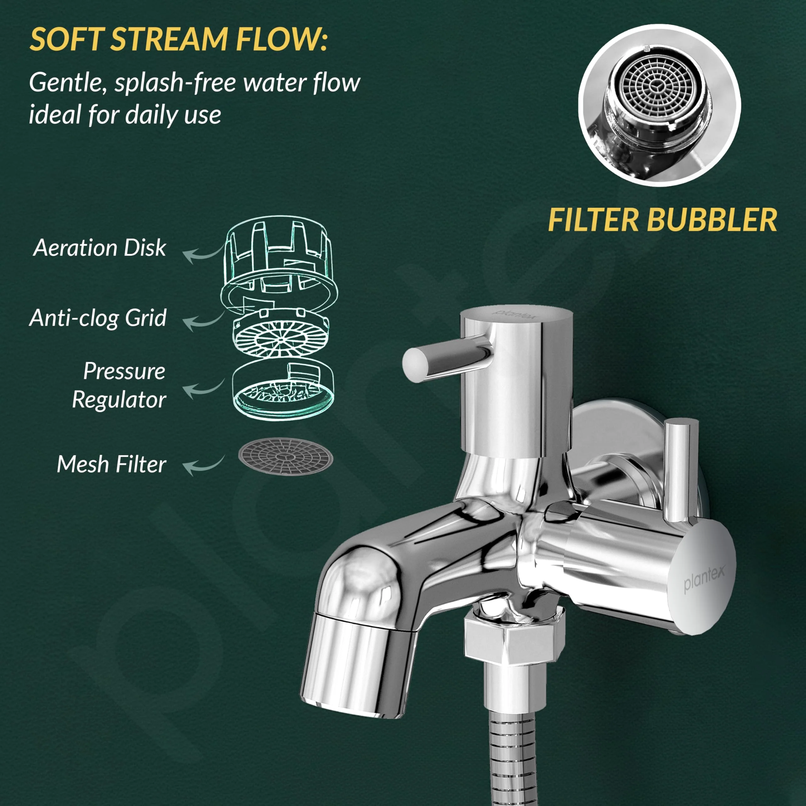 Plantex Two Way Bib Cock Tap with Water Saving Nozzle Attachment/Compatible for Washing Machine/2 in 1 Bib Tap with Wall Flange and Teflon Tape-(MKS-1275-Chrome) - Image 6