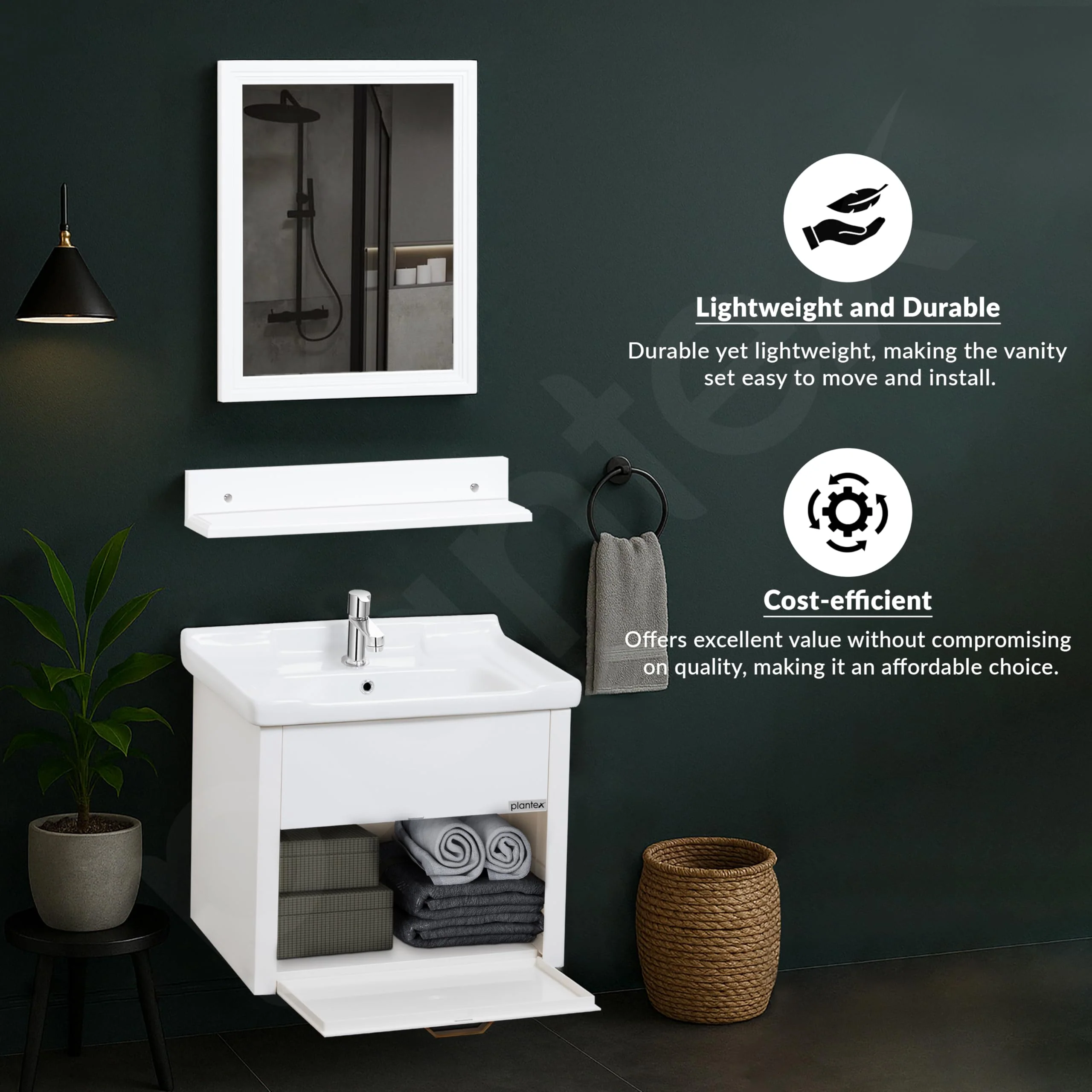 Plantex Unbreakable Wall Mount Vanity Cabinet & Washbasin Set/Washbasin with Cabinet/Basin Cabinet for Bathroom with Mirror & Shelf (White) Glass, Ceramic and HPP - Image 7