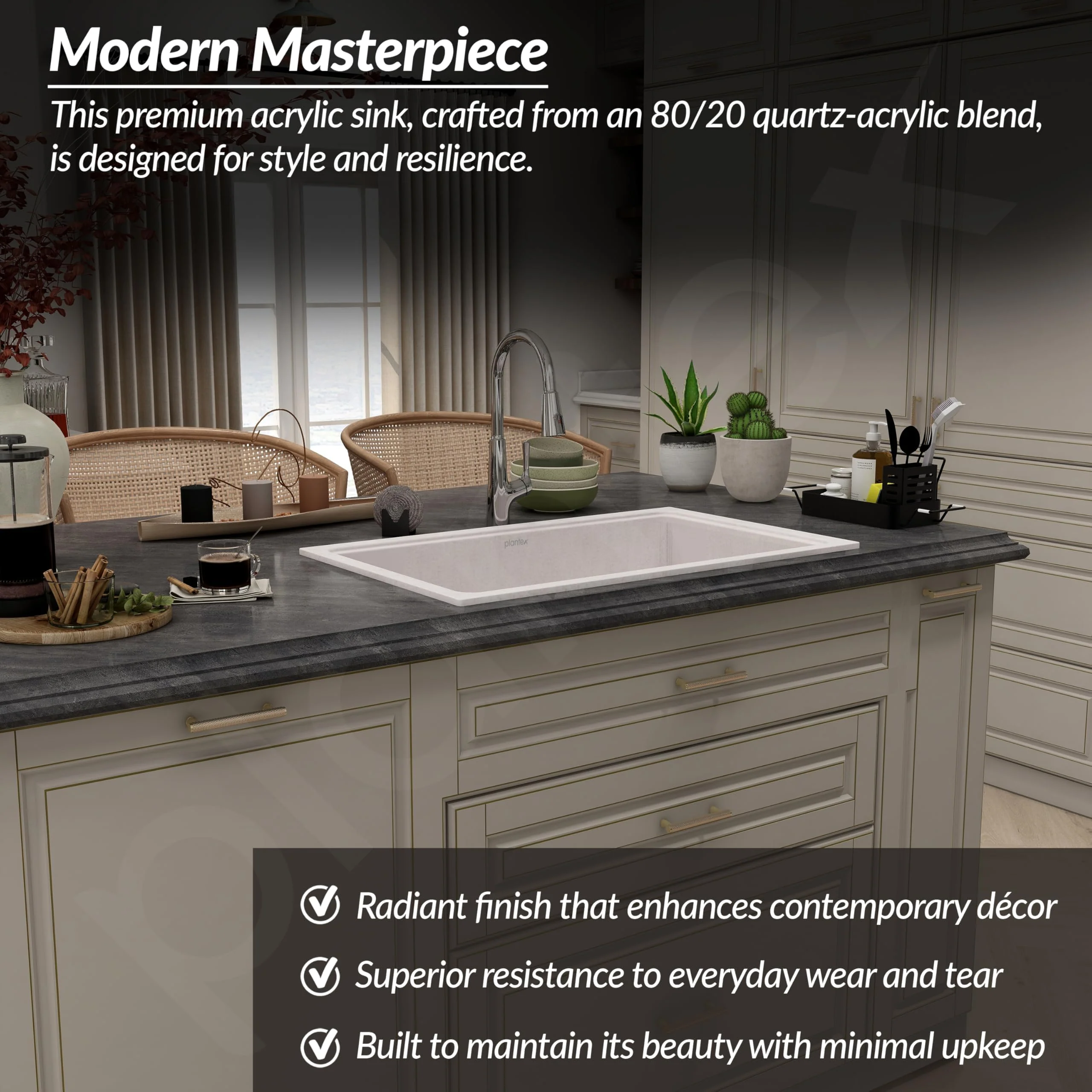 Plantex Undermount Sink for Kitchen/Quartz Acrylic Kitchen Sink with 10 Years Warranty by Plantex/Granite Single Bowl Sinks with Coupling (Rayon 32x20 Inches) - Image 2