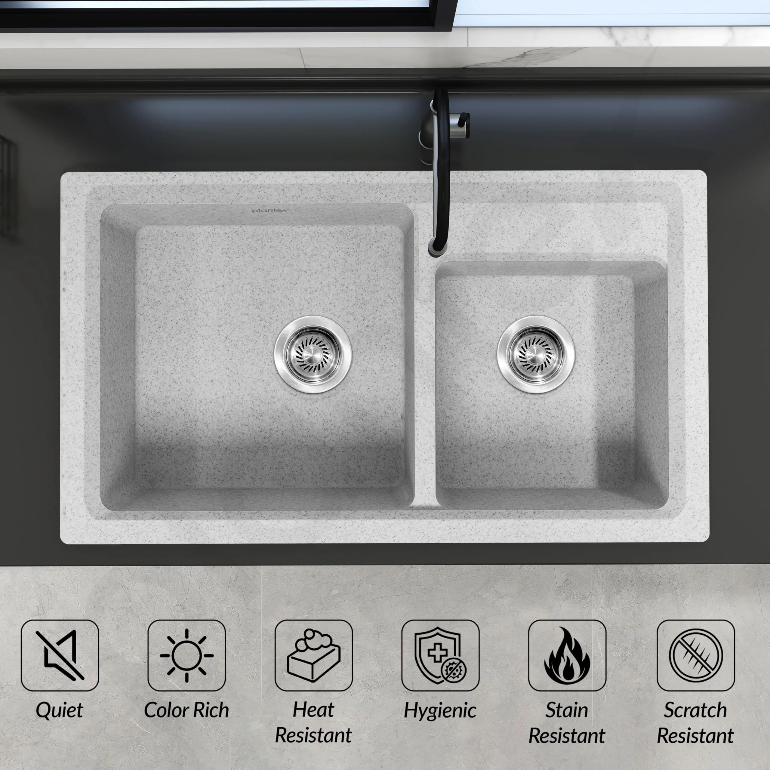 Plantex UV Protected Kitchen Sink/Quartz Sink for Kitchen/Double Bowl with Coupling and Hose Pipe (Mosaic Grey - 31x18inch) - Image 7
