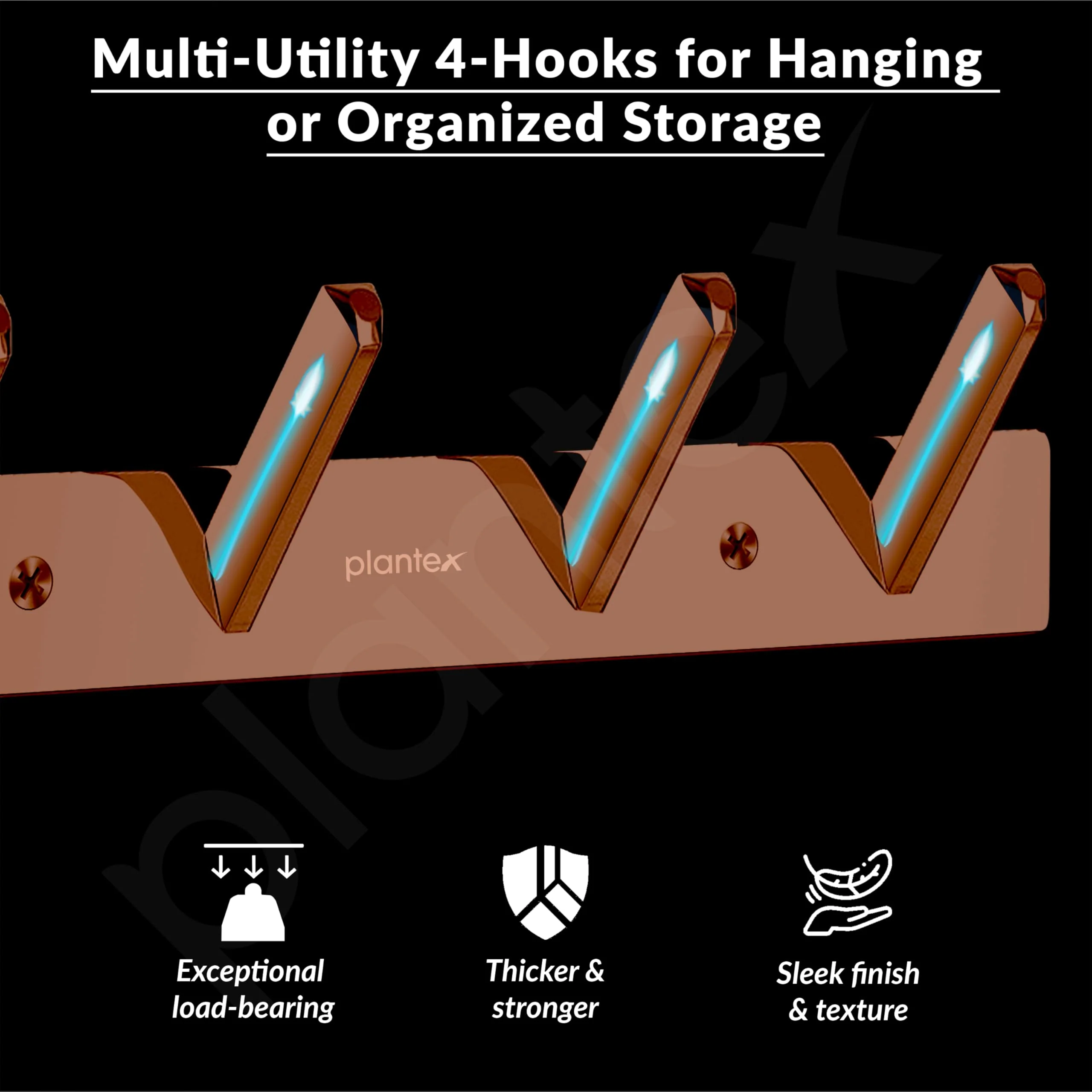 Plantex Wall Hooks for Hanging Cloth/Stainless Steel Towel Hangers/Bathroom Robe Hooks/Door Hangers/Square Wall Hook/Hook Rail for Hanging Keys - 4 Hooks (Pack of 1, PVD Rose Gold) - Image 4