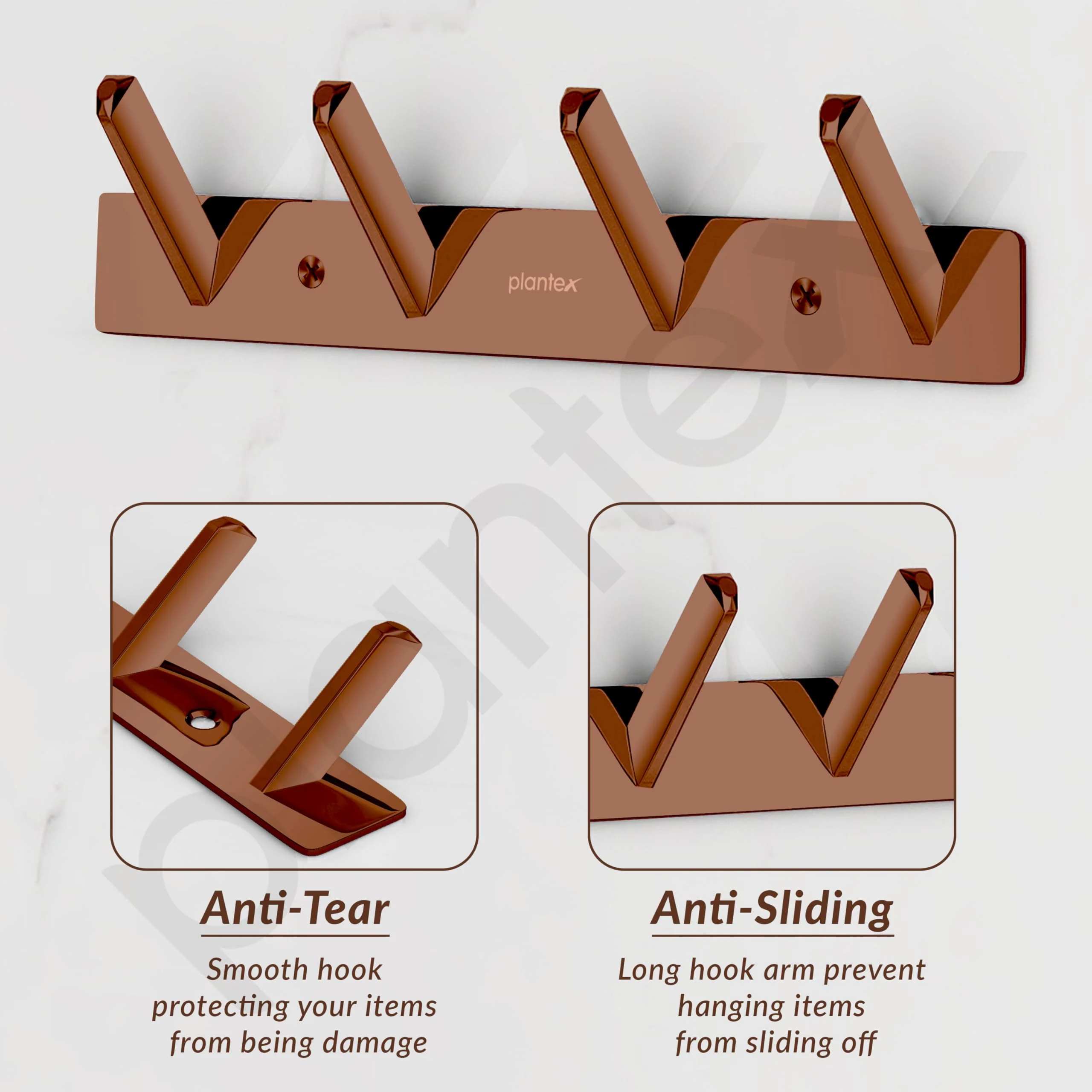 Plantex Wall Hooks for Hanging Cloth/Stainless Steel Towel Hangers/Bathroom Robe Hooks/Door Hangers/Square Wall Hook/Hook Rail for Hanging Keys - 4 Hooks (Pack of 1, PVD Rose Gold) - Image 5
