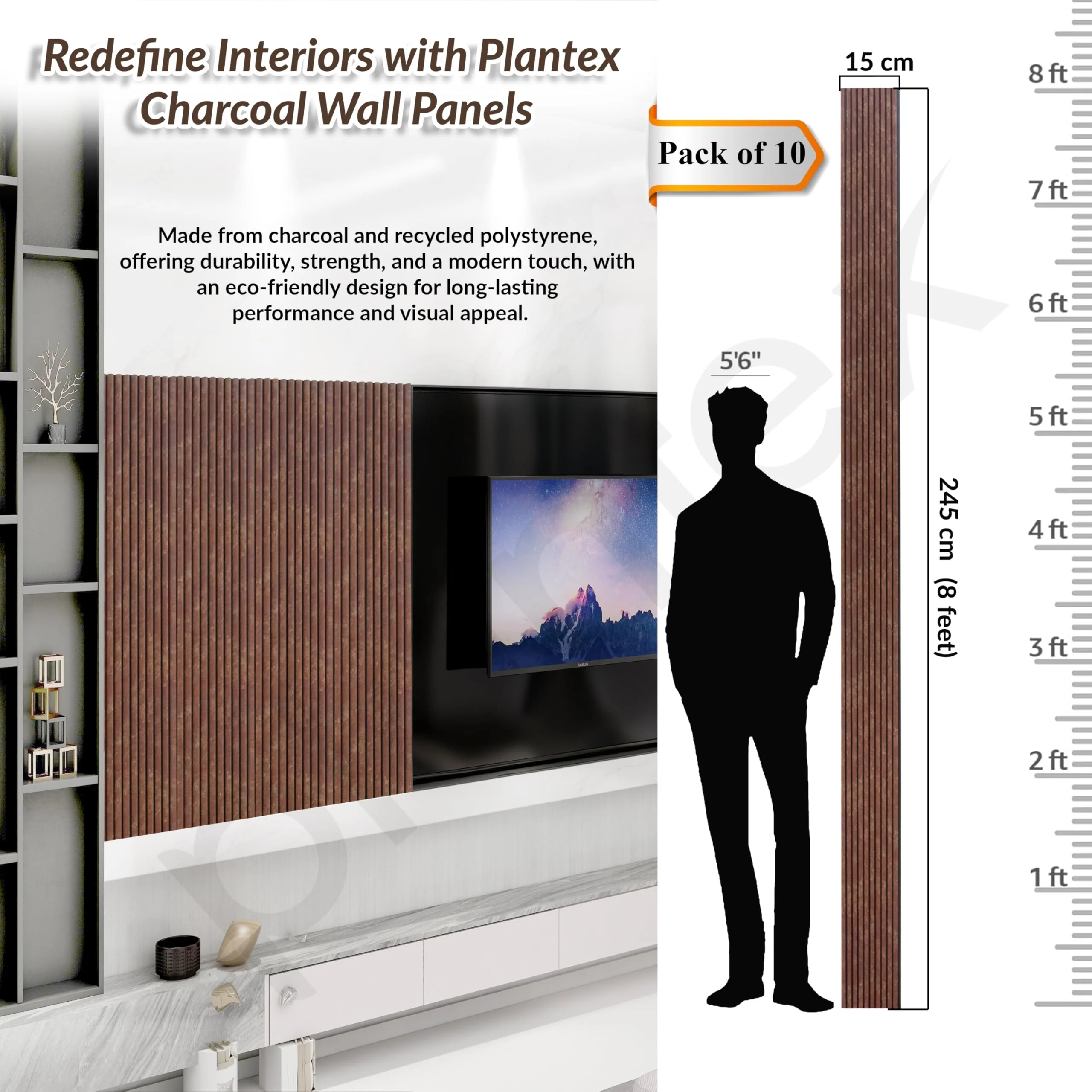 Plantex Wall Louvers Panel 8 Feet - Charcoal 3D Interior Wall Décor - Pack of 10 Covers, 40 Sq. Ft, Size 5 Inch x 8 Feet (Rosewood) - Image 2