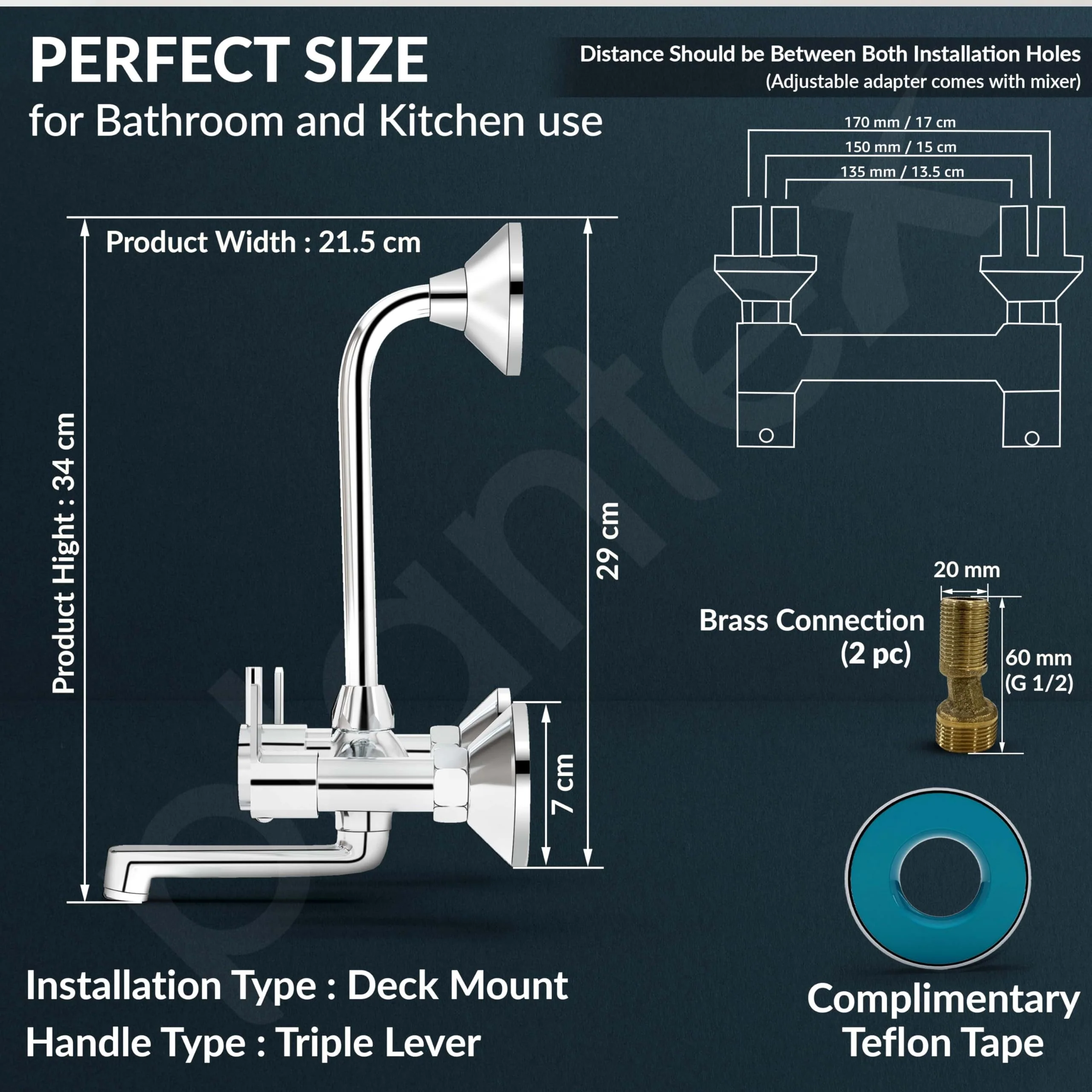 Plantex Wall Mixer 2 in 1 with L-Bend Connector for Rain Shower/Nickel Chrome Mirror Finish Mixture Tap for Bathroom with Wall Flange-(APS-1299) - Image 4
