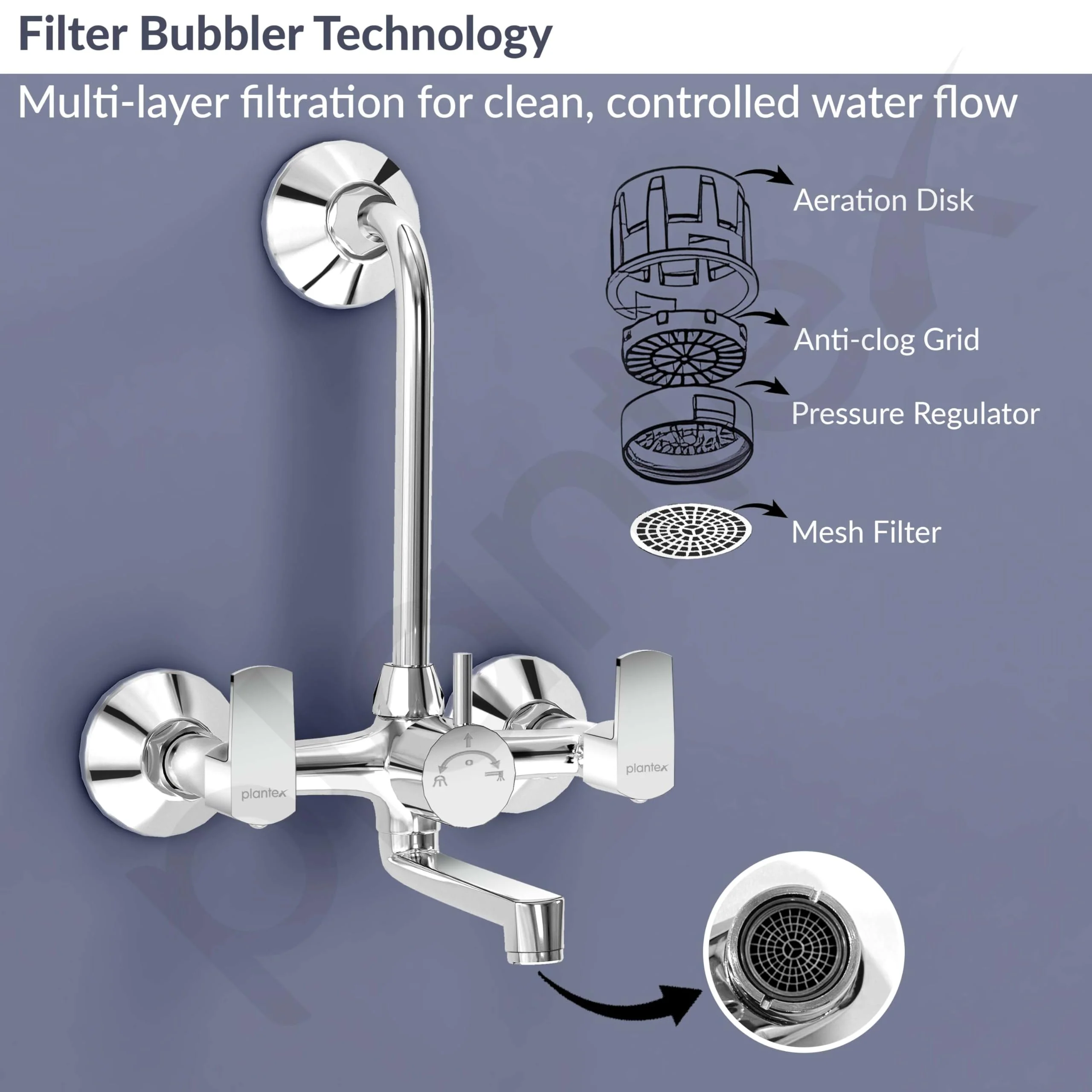 Plantex Wall Mixer 2 in 1 with L-Bend Connector for Rain Shower/Nickel Chrome Mirror Finish Mixture Tap for Bathroom with Wall Flange-(APS-1299) - Image 6