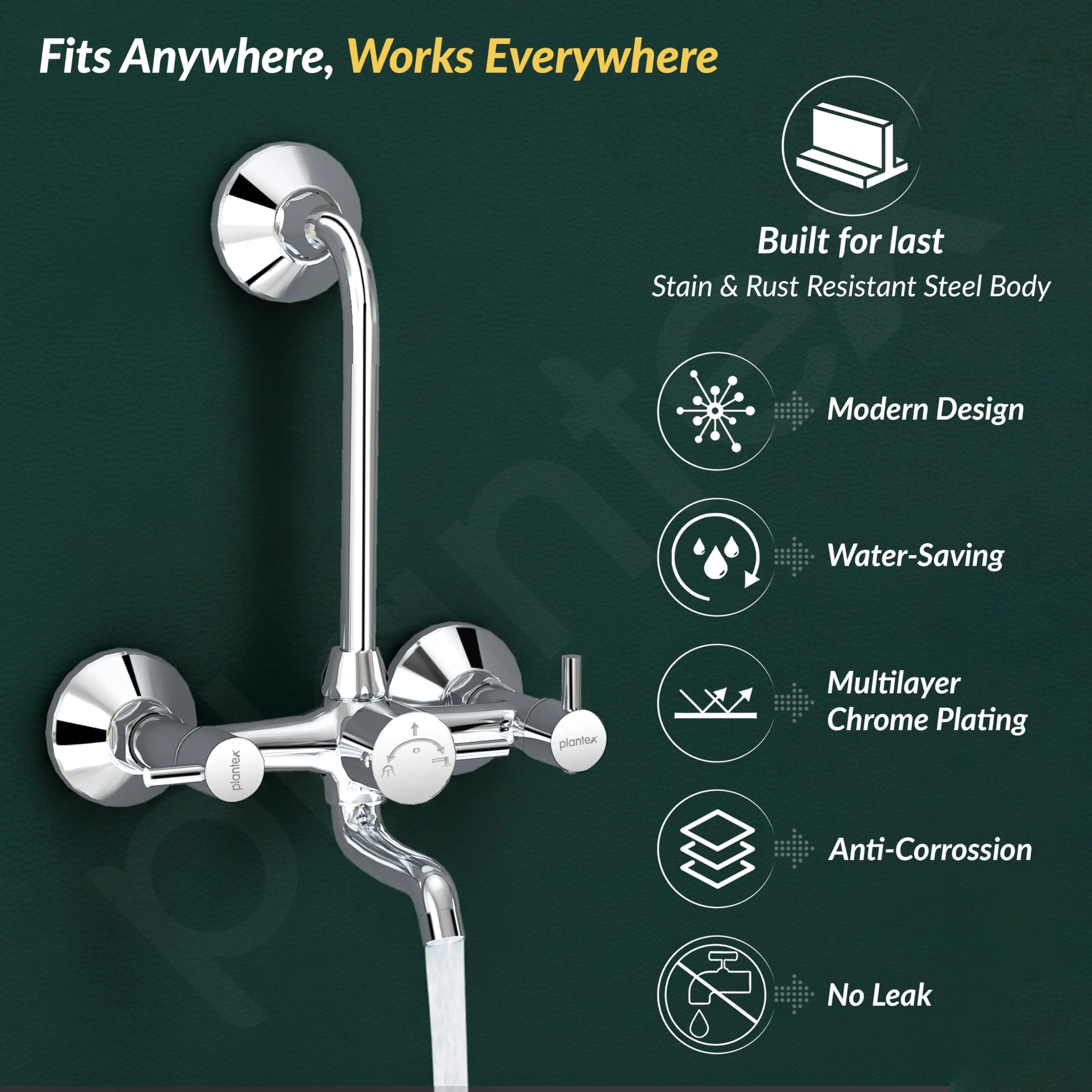 Plantex Wall Mixer 2 in 1 with L-Bend Connector for Overhead Shower/Nickel Chrome Mirror Finish Mixer for Bathroom with Wall Flange-(Mks-1279) - Image 2