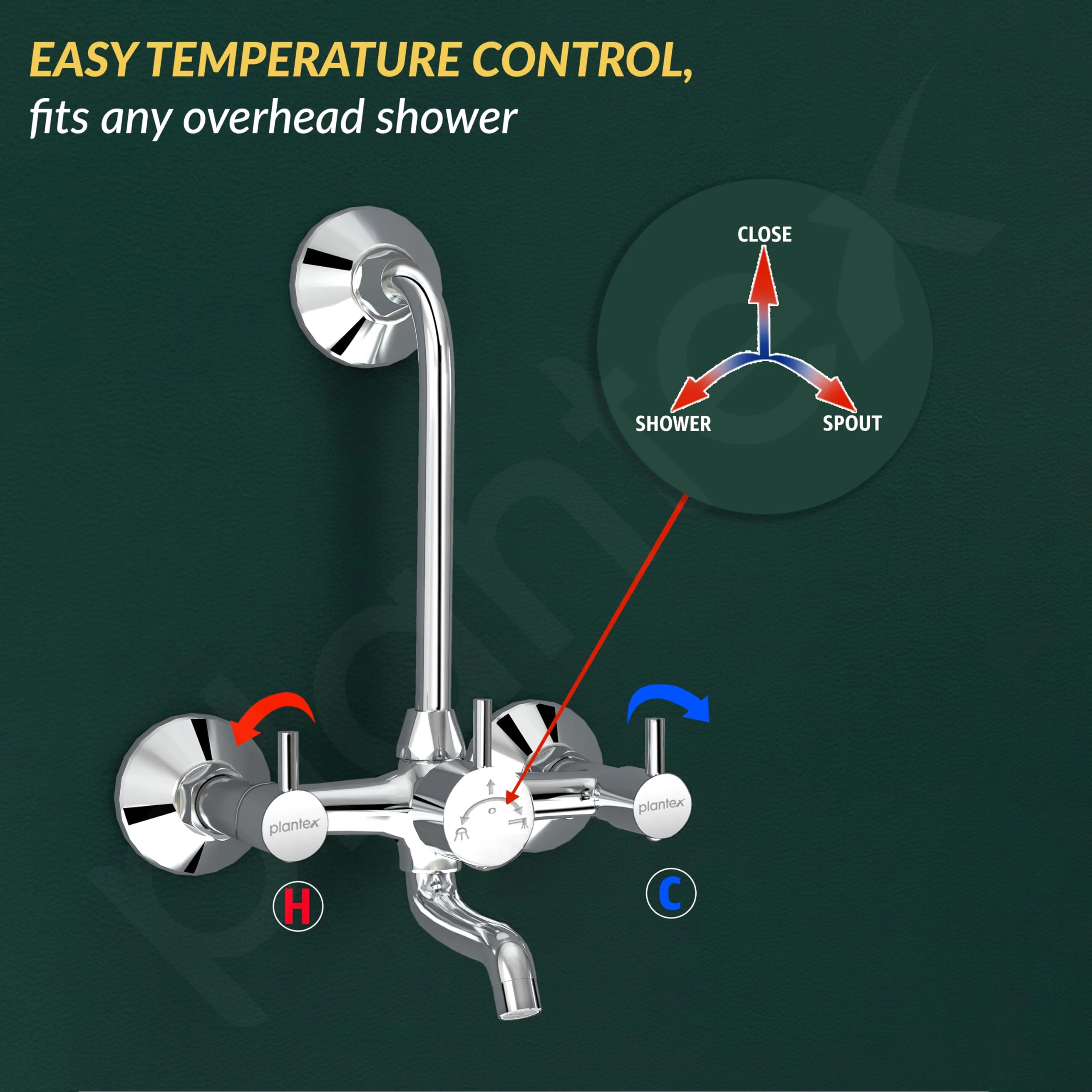 Plantex Wall Mixer 2 in 1 with L-Bend Connector for Overhead Shower/Nickel Chrome Mirror Finish Mixer for Bathroom with Wall Flange-(Mks-1279) - Image 5
