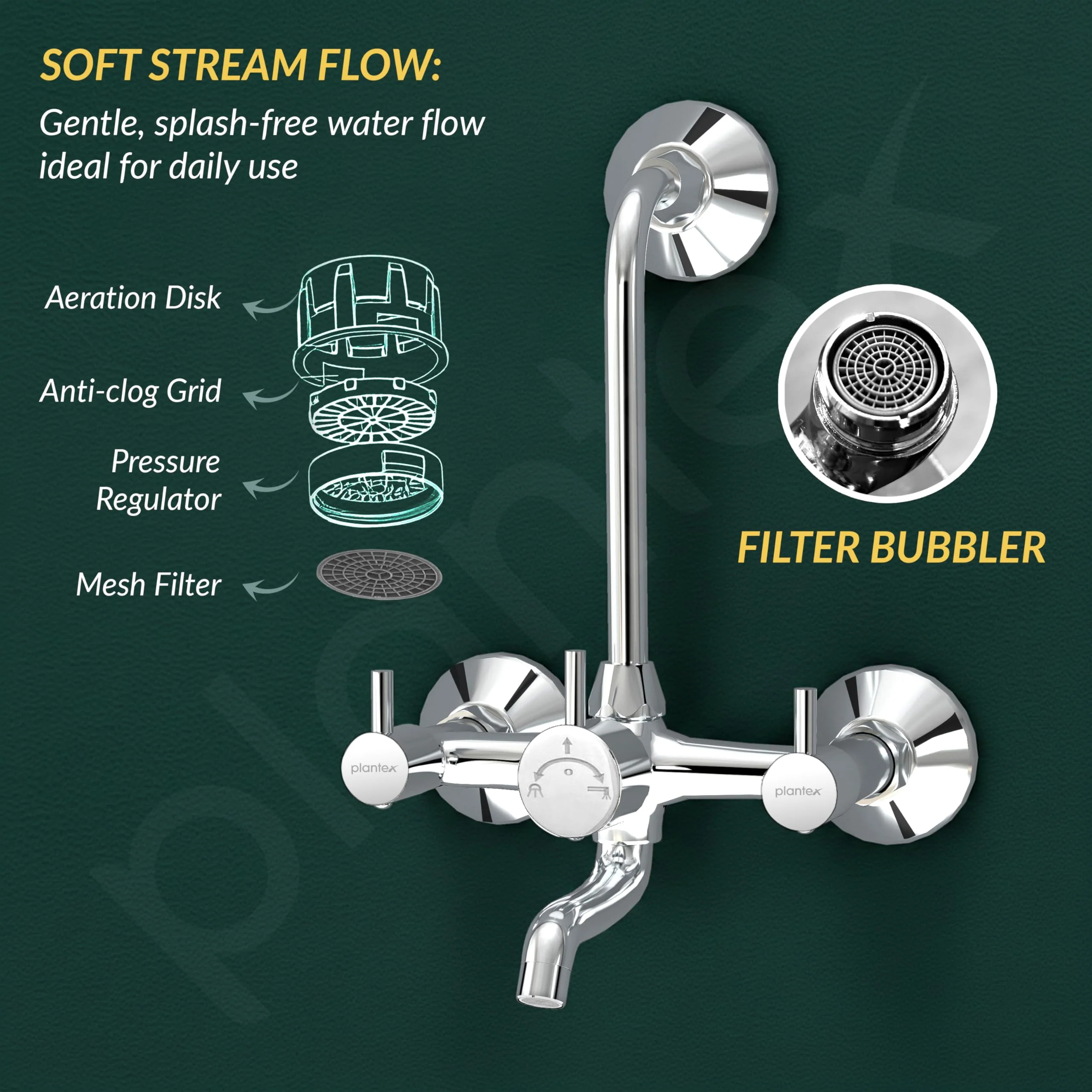 Plantex Wall Mixer 2 in 1 with L-Bend Connector for Overhead Shower/Nickel Chrome Mirror Finish Mixer for Bathroom with Wall Flange-(Mks-1279) - Image 6