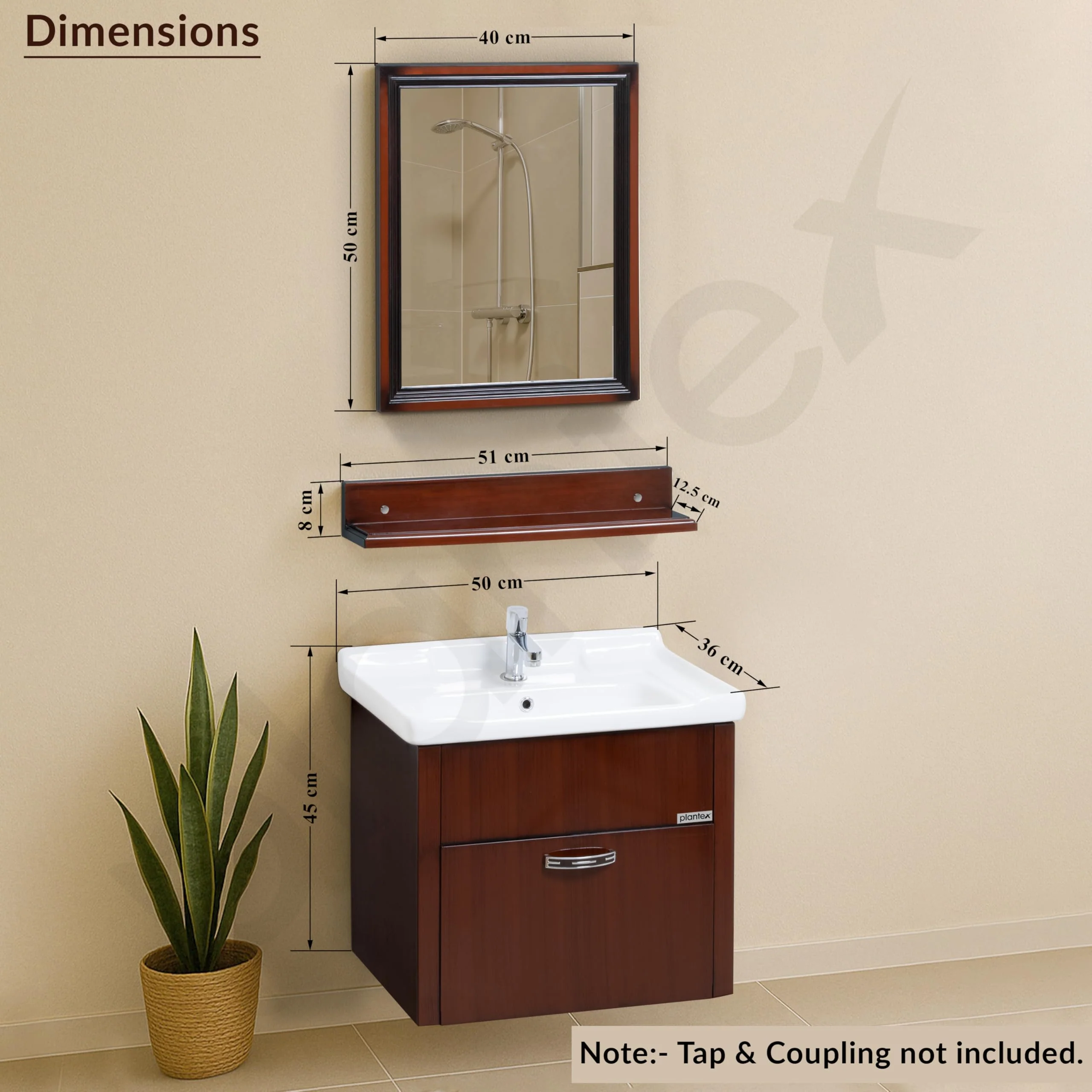 Plantex Wall Mount Vanity Cabinet with Washbasin and Mirror/Unbrekable Bathroom Organizer/Washbasin with Cabinet (Brown) - Image 4
