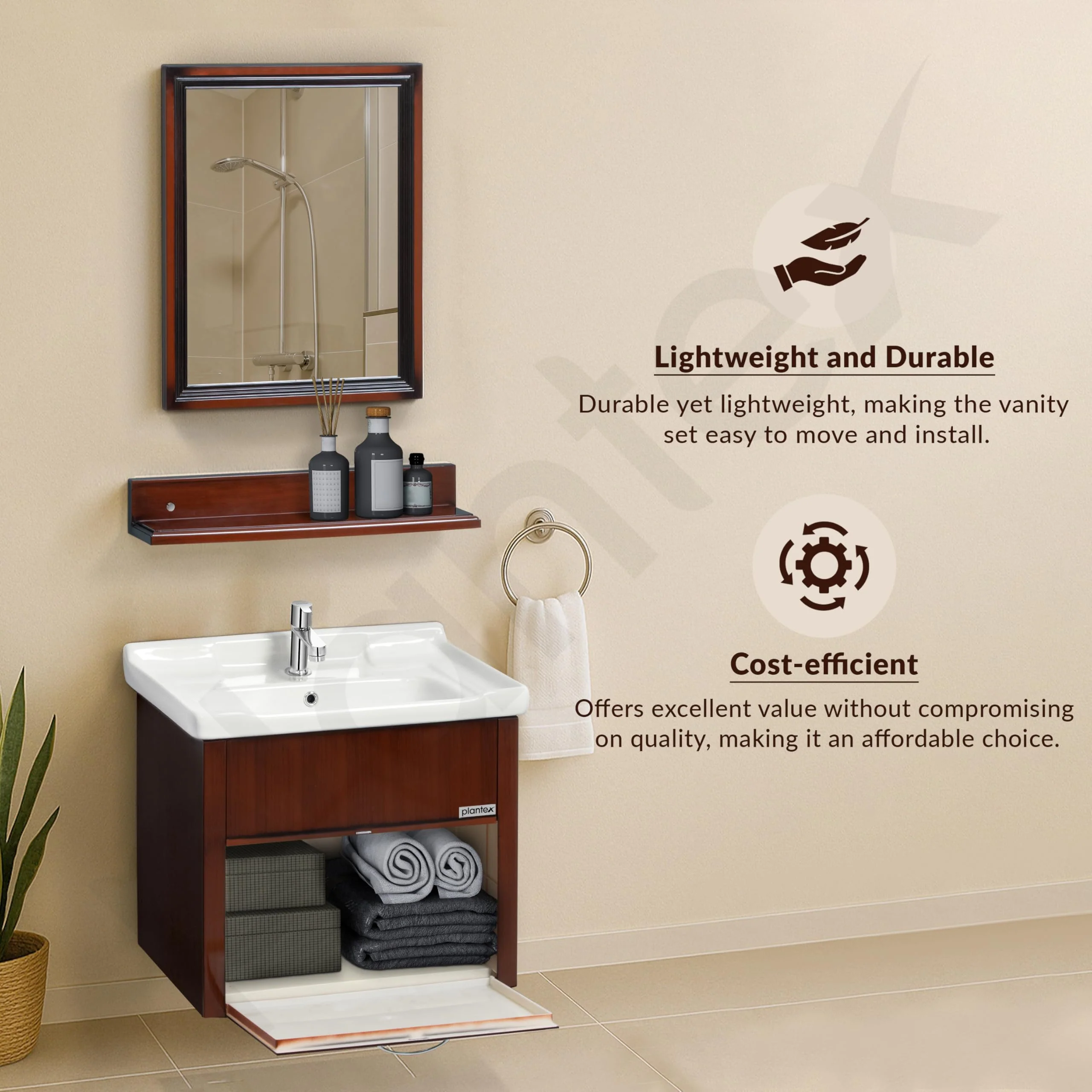 Plantex Wall Mount Vanity Cabinet with Washbasin and Mirror/Unbrekable Bathroom Organizer/Washbasin with Cabinet (Brown) - Image 7