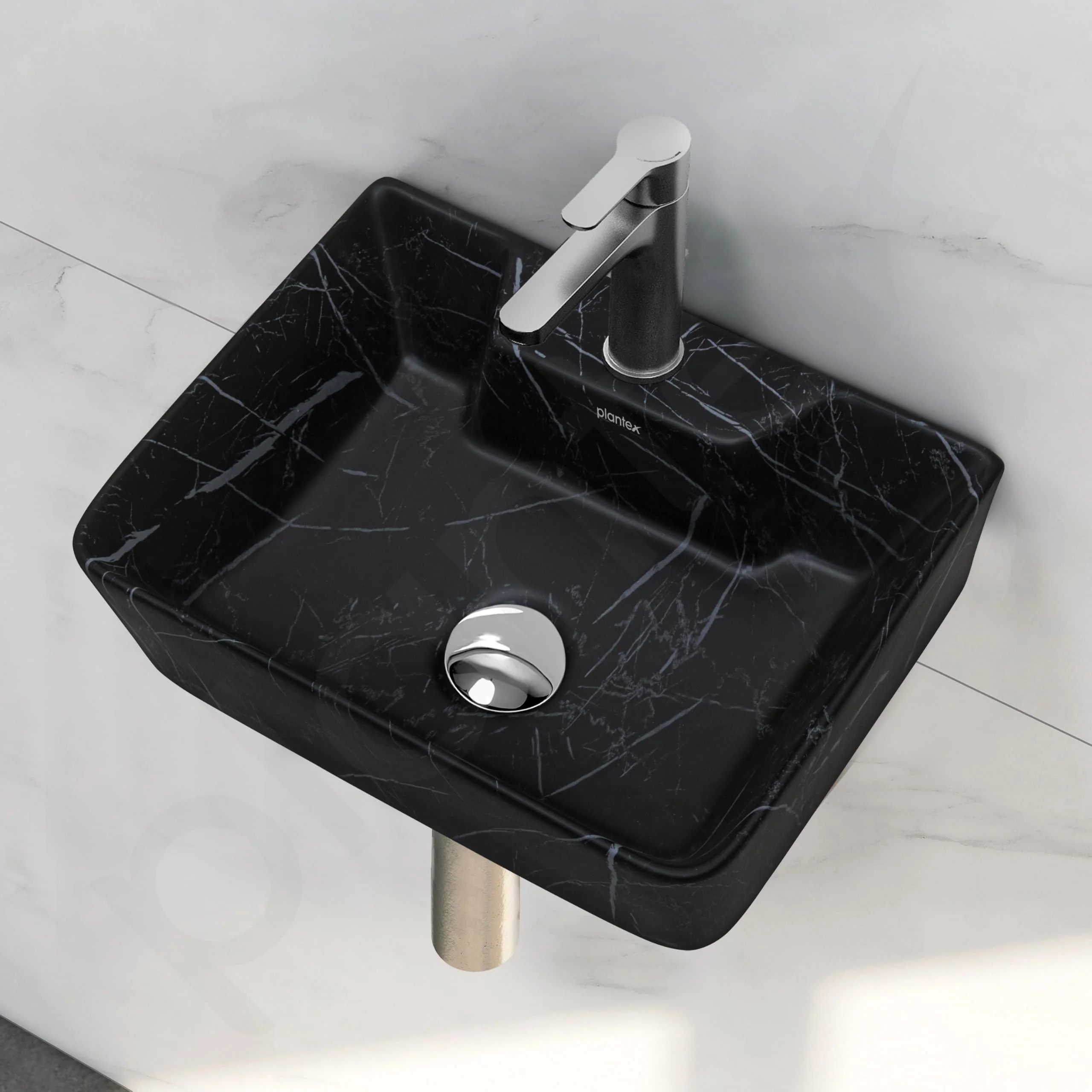 Plantex Wall Mount Wash Basin for Bathroom/Tabletop Designer Ceramic Basin/Rectangle Countertop Basin/Home/Office (Black-16x12x5 Inch) - Image 7