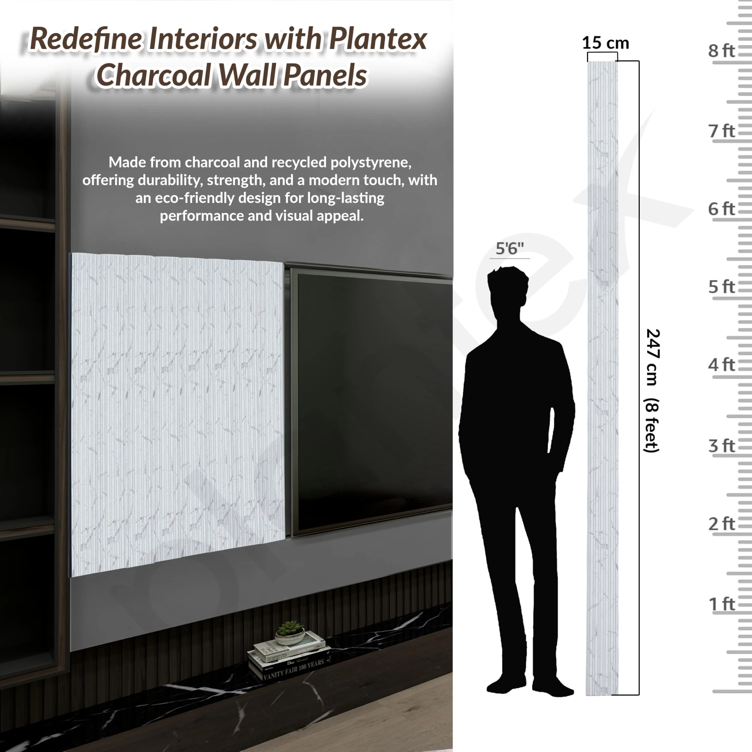 Plantex Wall Panel/Charcoal Louver Panel for Wall with Size - 6 Inch x 8 Ft/Durable, Lightweight, and Stylish Panels for Office/Hotel/Ideal for Walls & Ceilings - Pack of 1 (6001/131) - Image 2