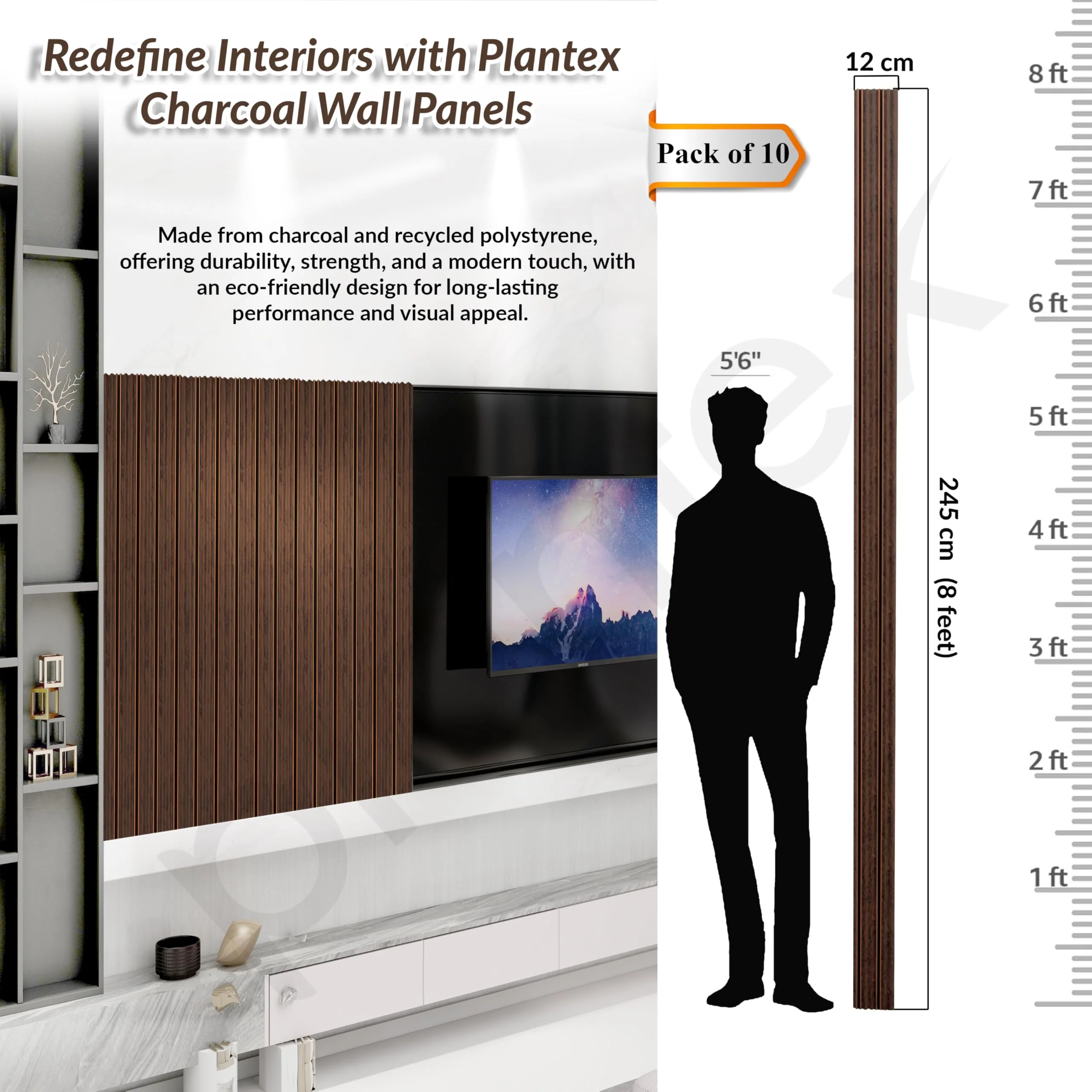 Plantex Wall Panels/Louvers Panel for Wall 8 Feet/Charcoal Panel for Interior Wall Décor/3D Wall Panel - Pack of 10 Covers - 32 Sq. Ft, Size-5 Inch x 8 Feet (Chestnut Gold) - Image 2