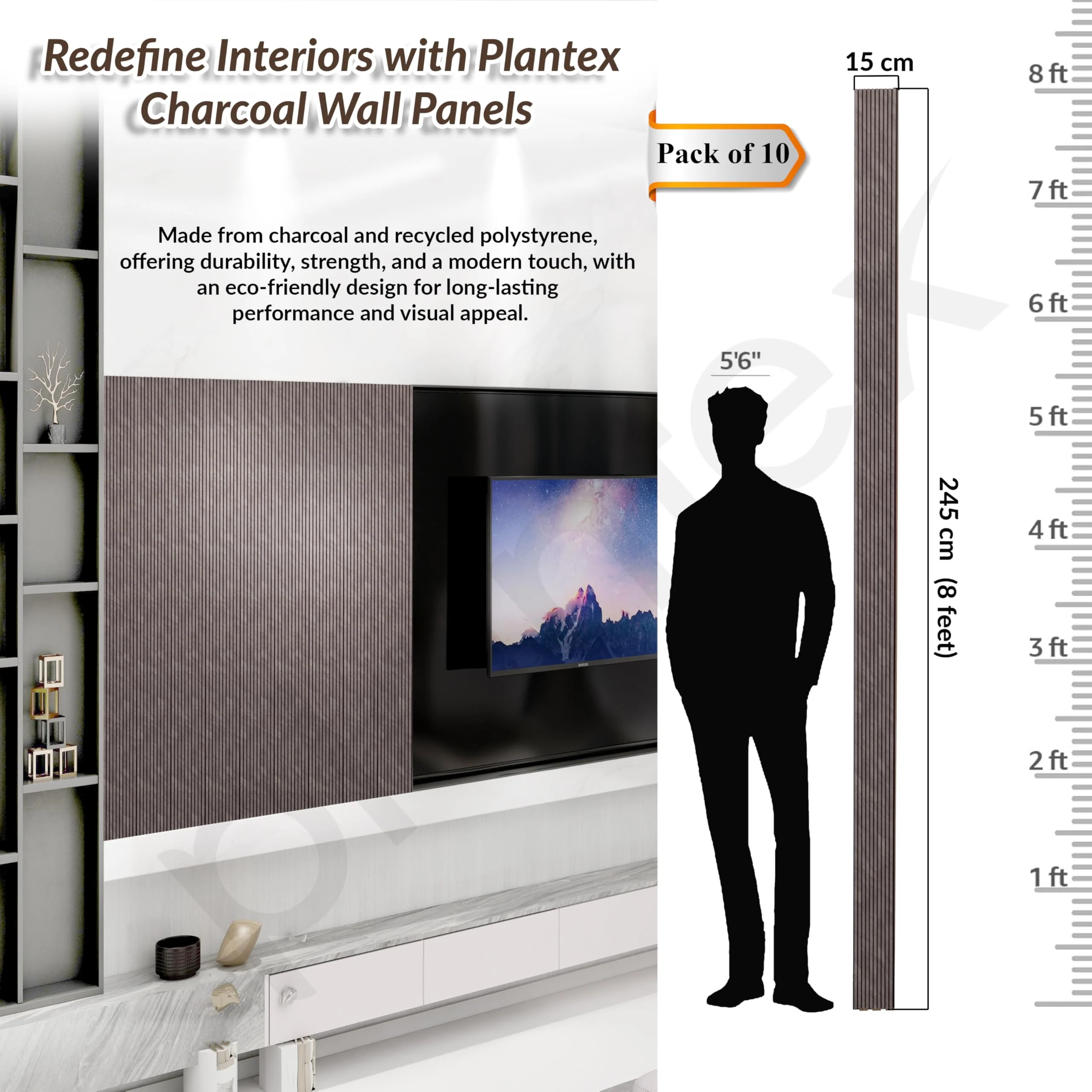 Plantex Wall Panels/Louvers Panel for Wall 8 Feet/Charcoal Panel for Interior Wall Décor/3D Wall Panel - Pack of 10 Covers - 40 Sq. Ft, Size-5 Inch x 8 Feet (Taupe Brown) - Image 2