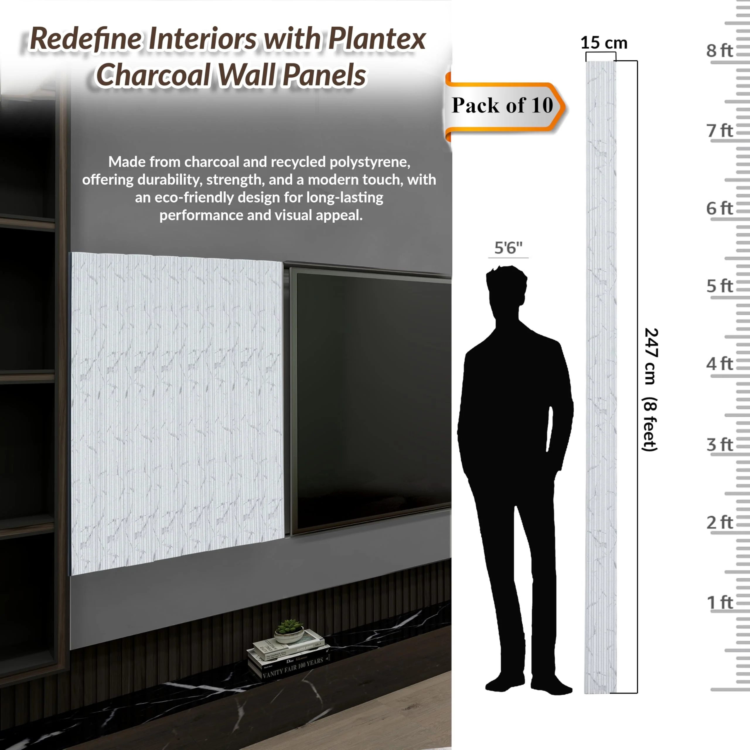 Plantex Wall Panels/Louvers Panel for Wall 8 Feet/Charcoal Panel for Interior Wall Décor/3D Wall Panel - Pack of 10 Covers - 40 Sq. Ft, Size-5 Inch x 8 Feet (White Marble) - Image 2