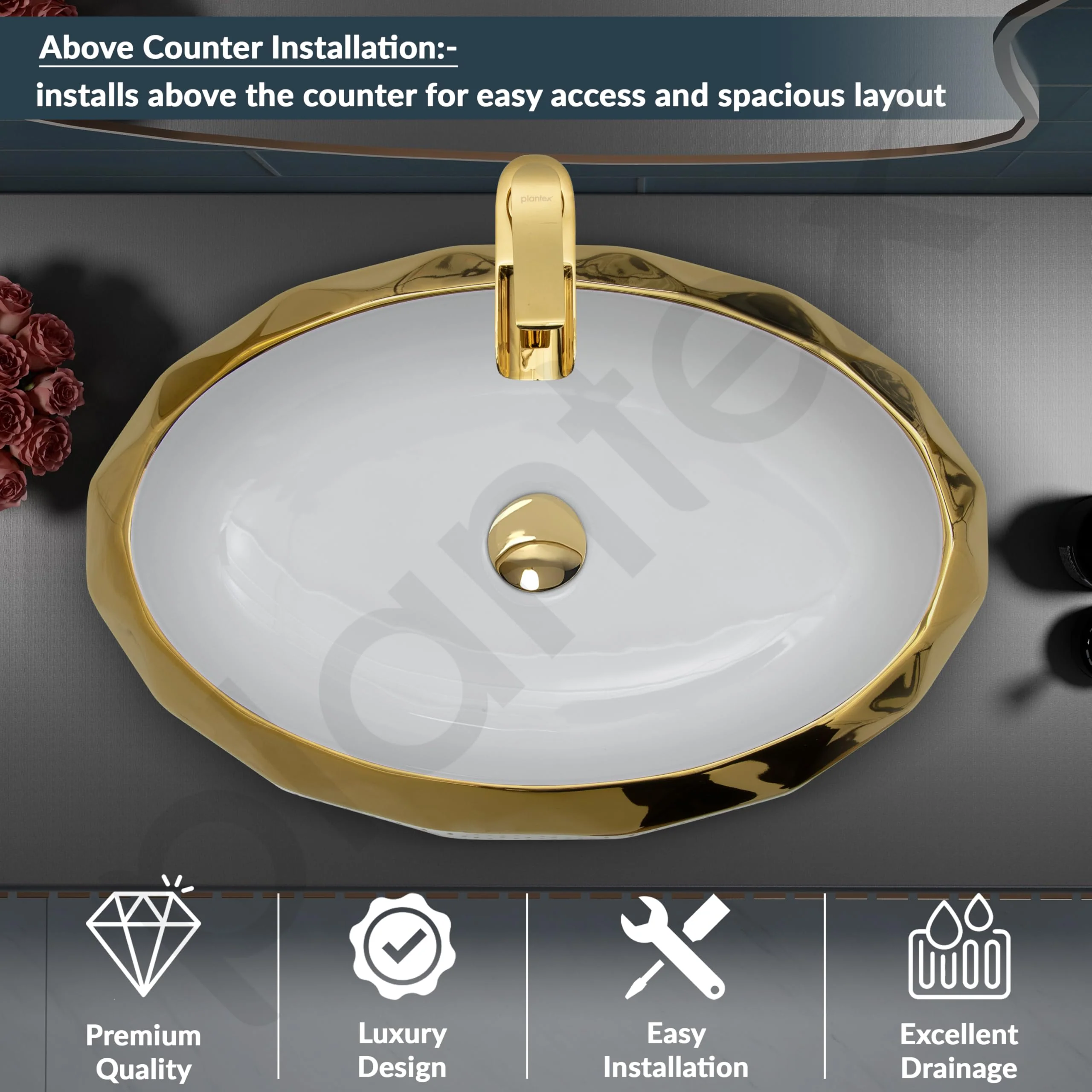 Plantex Wash Basin/Ceramic Table Top Wash Basin/Designer Countertop Basin for Bathroom/Restaurants/Hotel – Oval (White & Gold - 23 x 16 x 5 Inch) - Image 5