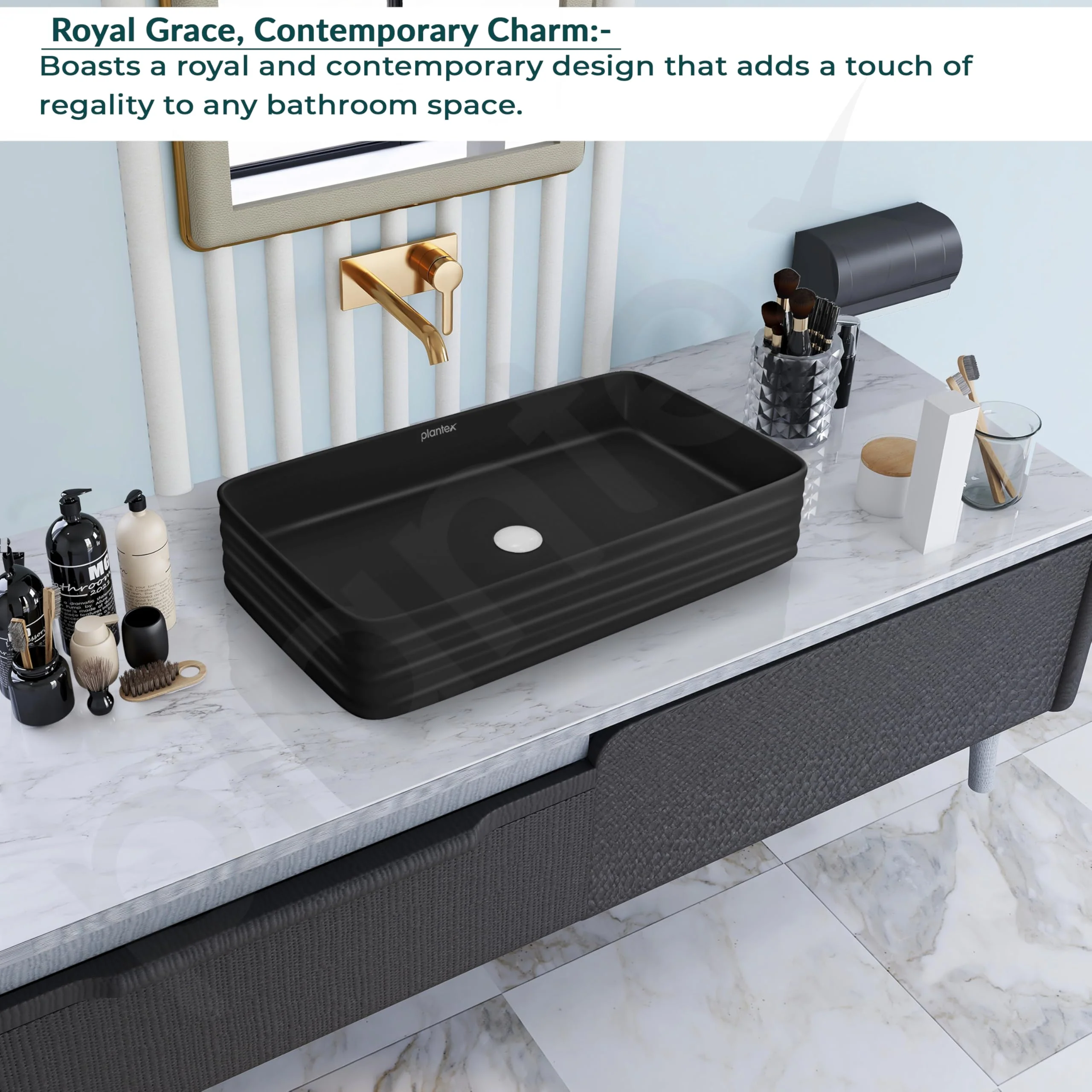 Plantex Wash Basin for Bathroom/Ceramic Basin/Rectangle Table Top Basin/Wash Basin for Home/Restaurant (Charcoal Black - 26 x 15 x 5 Inch) - Image 2